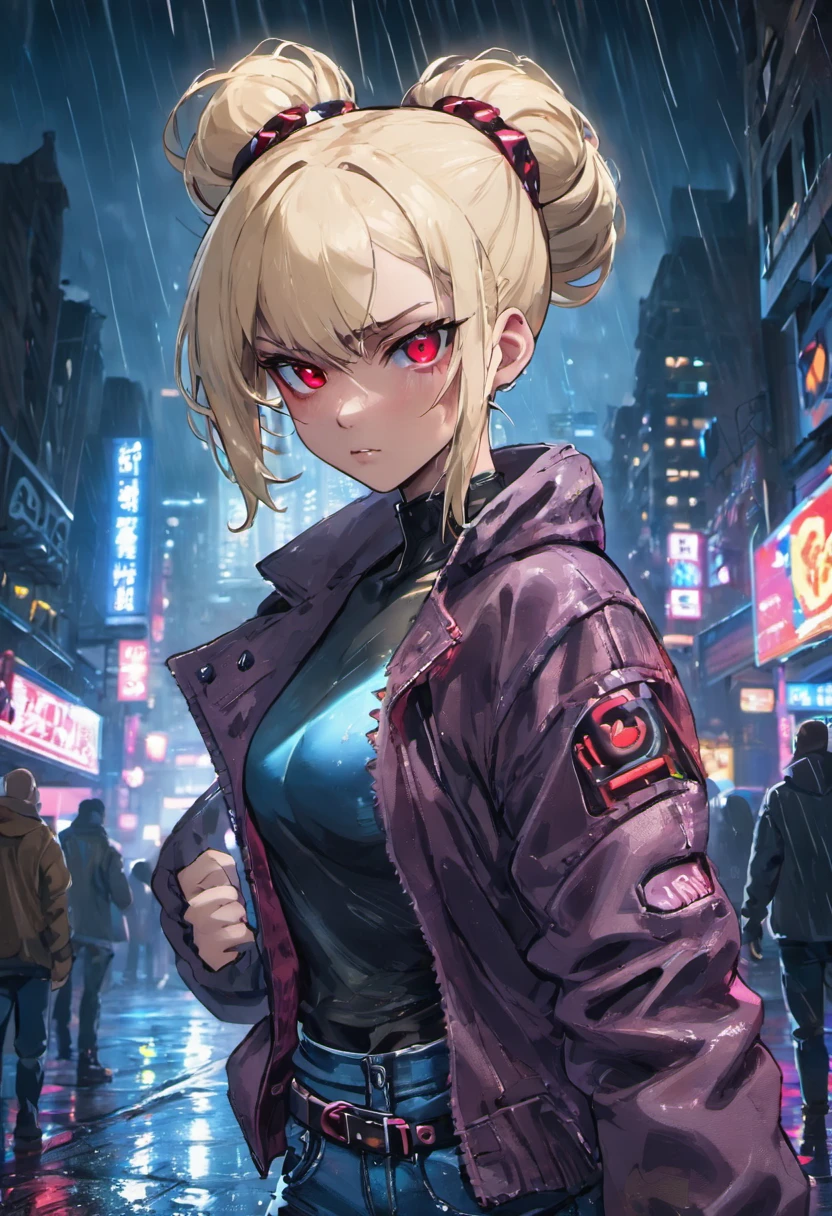 Close-up photos, Red and blue heterochromia、Confident young cyberpunk woman with blonde and white hair in a bun, Wear sheer jeans and jeans, In the rainy city at night, Photorealistic, Cinematic lighting
