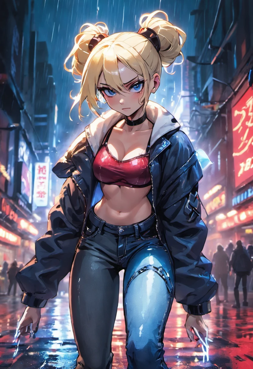 Close-up photos, Red and blue heterochromia、Confident young cyberpunk woman with blonde and white hair in a bun, Wear sheer jeans and jeans, In the rainy city at night, Photorealistic, Cinematic lighting