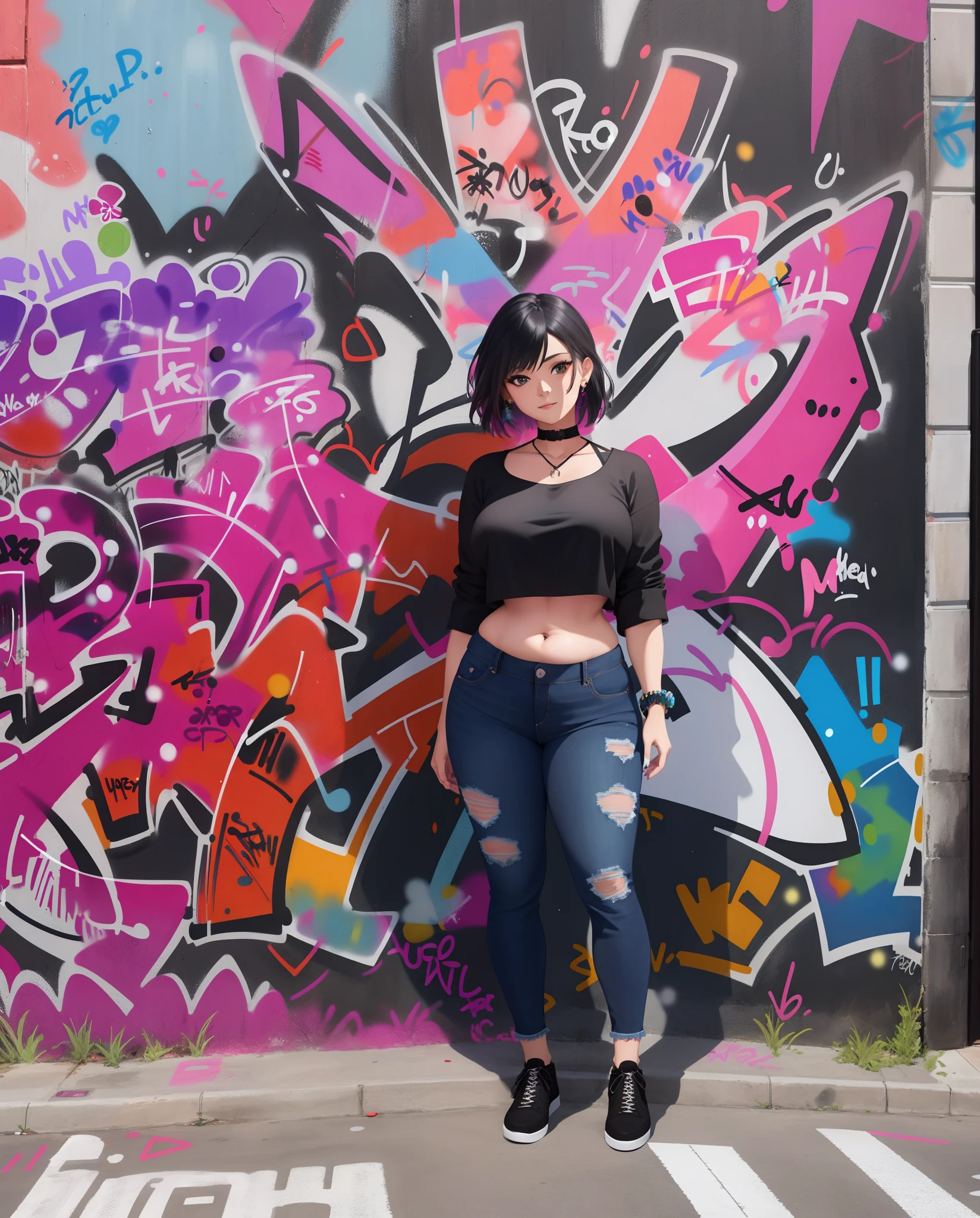 arafed woman in a black top and jeans standing in front of a colorful wall, graffiti in the background, graffiti in background, wearing a sexy cropped top, posing in an urban street, photo taken in 2 0 2 0, her belly button is exposed, taken in 2 0 2 0, by Gina Pellón, full body photogenic shot, plus size woman