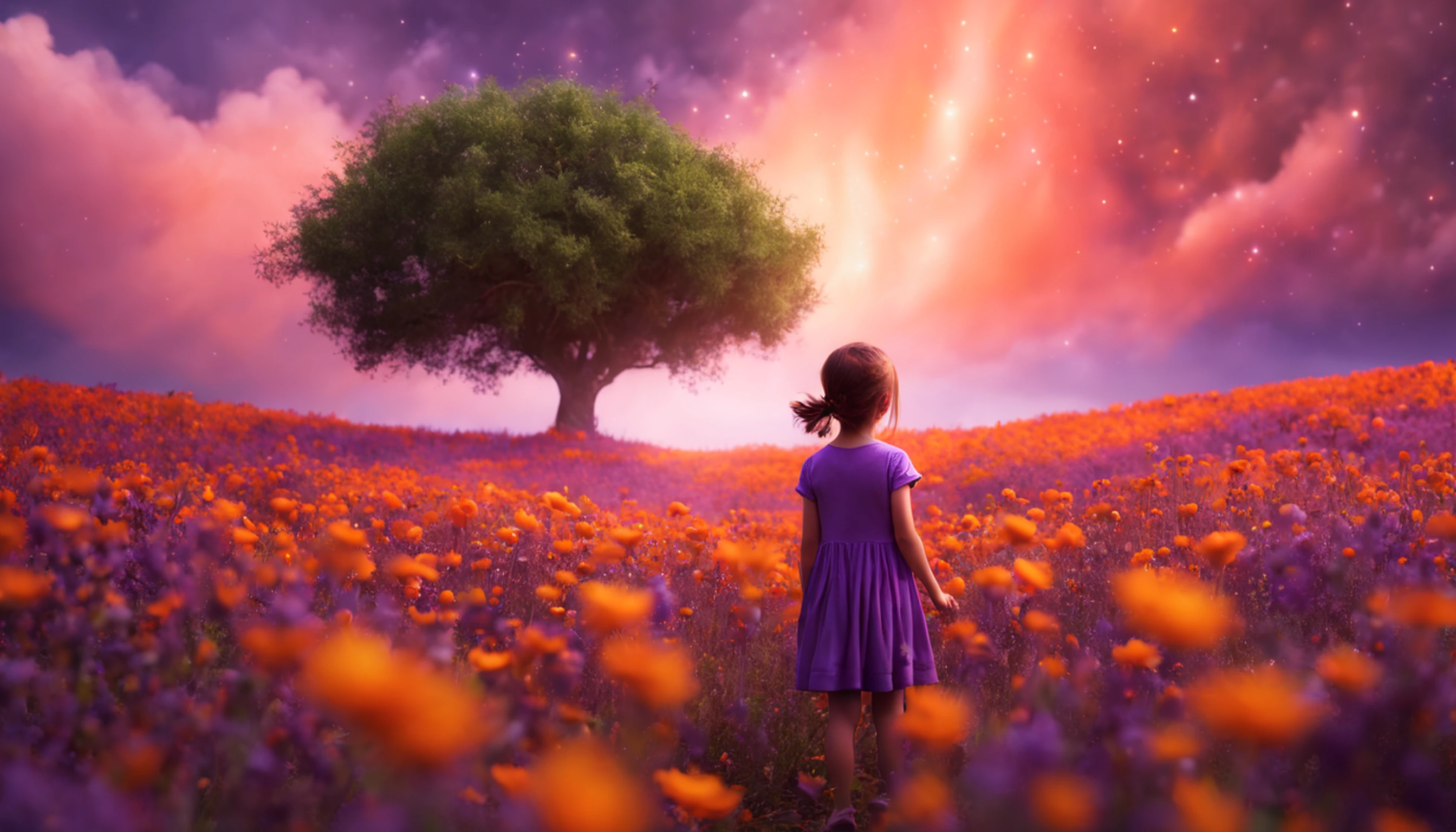 ((1girl em)), Vastas fotos de paisagem, (de baixo, Ar superior, Abrir campos abaixo), Boy standing in a field of flowers and looking up, (lua cheia: 1.2), (Meteoro: 0.9), (Nebulosas: 1.3), montanha ao longe, tree BREAK making art, (Fonte de Luz Quente: 1.2), (Pirilampo: 1.2), abajour, muito roxo e laranja, detalhes intrincados, volumetric lighting BREAK (masutepiece: 1.2), (melhor qualidade), 4k, ultra-detalhada, (dynamic compositions: 1.4), circunstanciado, colorido, (iridescente: 1.2), (brilhar, Atmospheric Illumination), sonhador, Fantastic, (sozinho: 1.2)