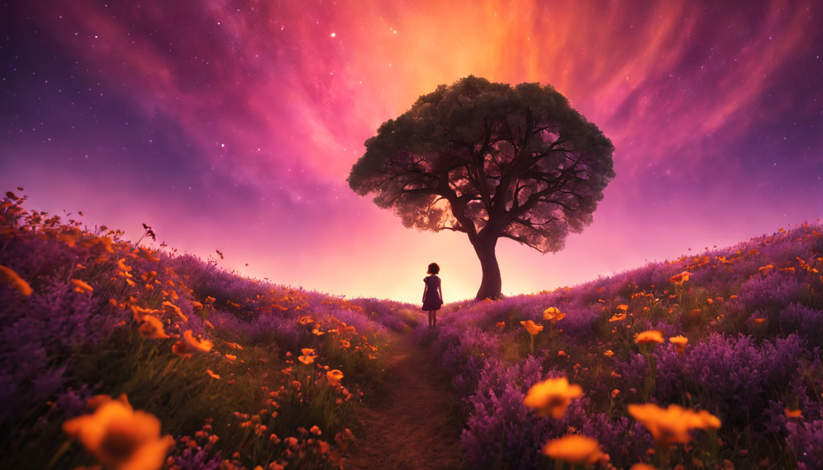 ((1girl em)), Vastas fotos de paisagem, (de baixo, Ar superior, Abrir campos abaixo), Boy standing in a field of flowers and looking up, (lua cheia: 1.2), (Meteoro: 0.9), (Nebulosas: 1.3), montanha ao longe, tree BREAK making art, (Fonte de Luz Quente: 1.2), (Pirilampo: 1.2), abajour, muito roxo e laranja, detalhes intrincados, volumetric lighting BREAK (masutepiece: 1.2), (melhor qualidade), 4k, ultra-detalhada, (dynamic compositions: 1.4), circunstanciado, colorido, (iridescente: 1.2), (brilhar, Atmospheric Illumination), sonhador, Fantastic, (sozinho: 1.2)