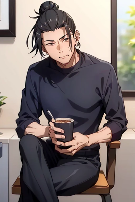 1 man, Getou, looking forward, short fur, black hair, tall, 1st year, eating, sitting, ((sitting on kitchen chair, eating)), tall man, male focus, hair bun, brown eyes, shorts , muscular abdomen, muscular body, exposed legs, piercing, single hair bun, ear piercing, bare feet, hand holding something, hair pulled back, masterpiece, high quality