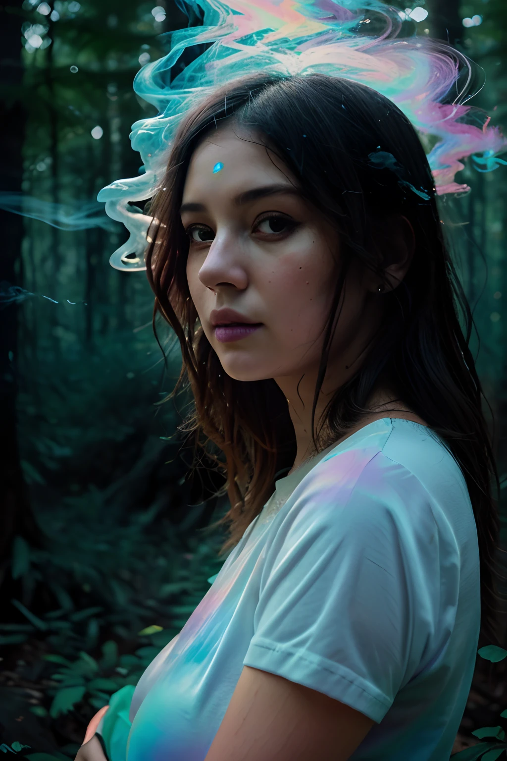 woman in a mythical forest, masterpiece, perfect face, intricate details, horror theme soft pastel colors, photograp style realimage of a woman as she sees the world while experiencing hallucinations, stoned, splash art, splashed pastel colors, (soft iridiscent glowy smoke) motion effects, best quality, wallpaper art, UHD, centered image, MSchiffer art, ((flat colors)), (cel-shading style) very soft colors, ((low saturation)) ink lines, blue lightning floating around