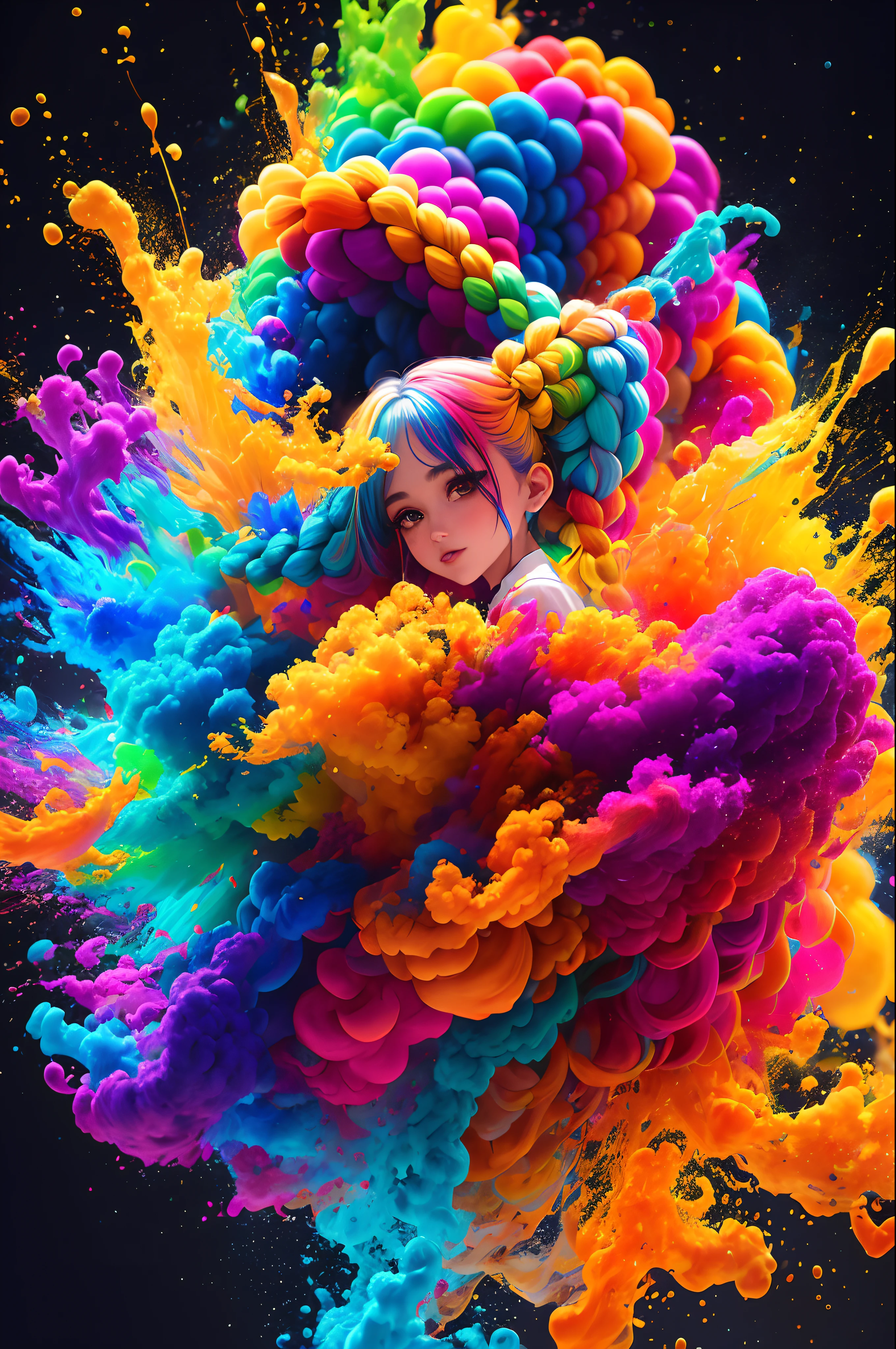 (corpo inteiro:1.2), (Smokexxx:1.4), 1 meni cabelo realmente selvagem, (cabelos ondulados multicoloridos:1.2), (Two Long Braids:1.2), (longos cabelos selvagens:1.2), (cabelos multicoloridos: 1.9), usando uma saia longa, alto contraste, Epic cinematic, soft studio lights, luz de aro, Absurdo, Amazing, Funny, itricado, hiper detalhado, ultra realistic, cores suaves, 8k