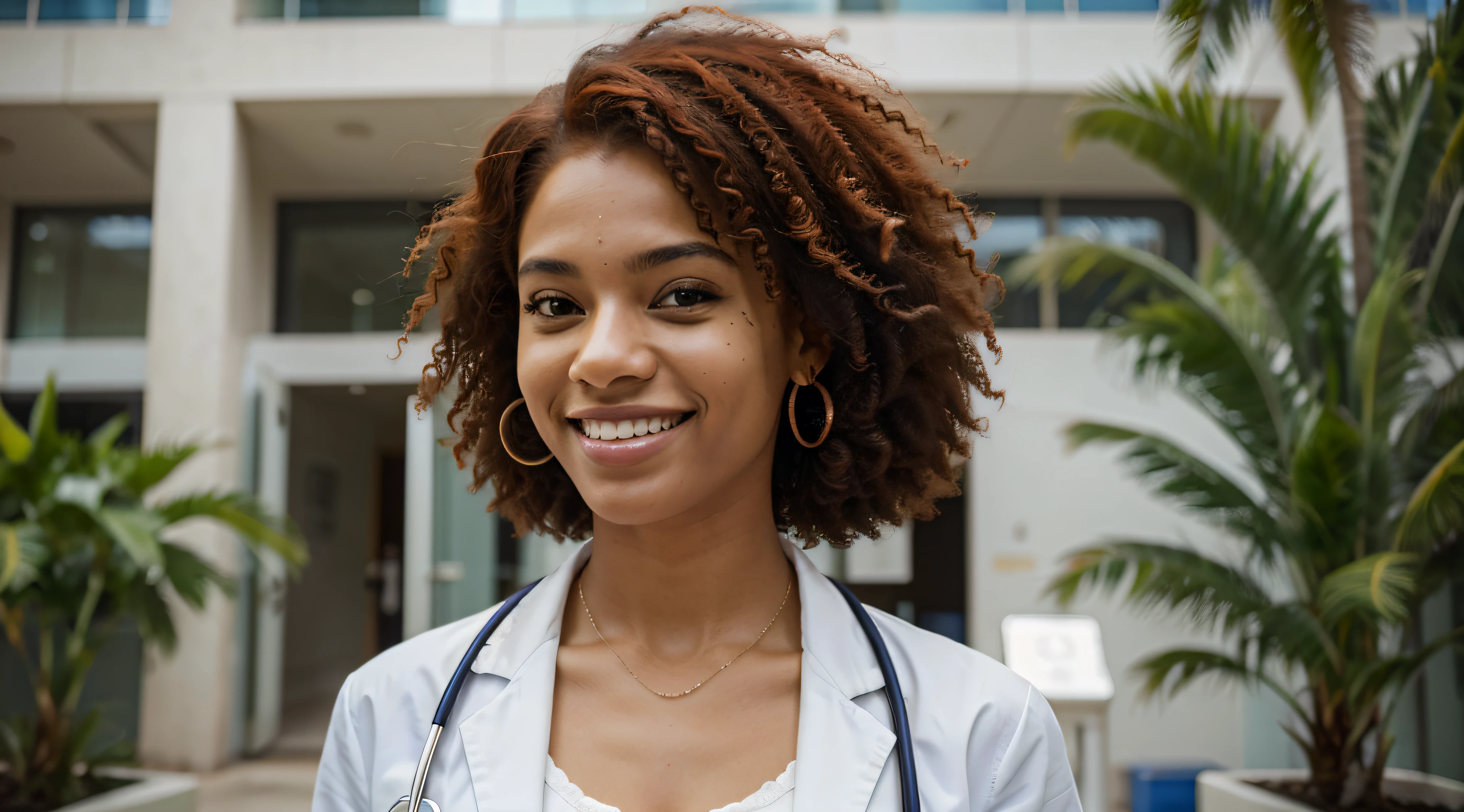 Generate an image focusing solely on the face of an Afro-Brazilian female medical student with striking red hair. She has a bright, confident smile on her face, radiating optimism and professionalism. Her expression exudes the determination and excitement of a medical student. The background showcases a clean and modern environment, typical of a prestigious medical institution, with an atmosphere that is welcoming and pleasant