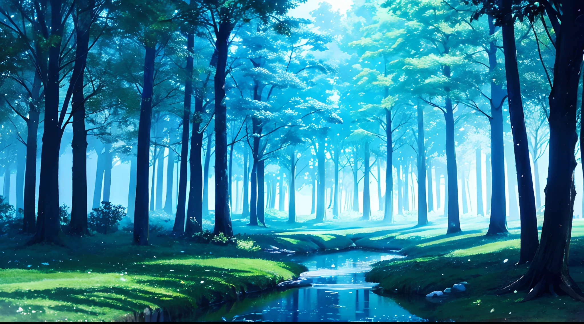 Background (anime style) magical forest, main color: light blue