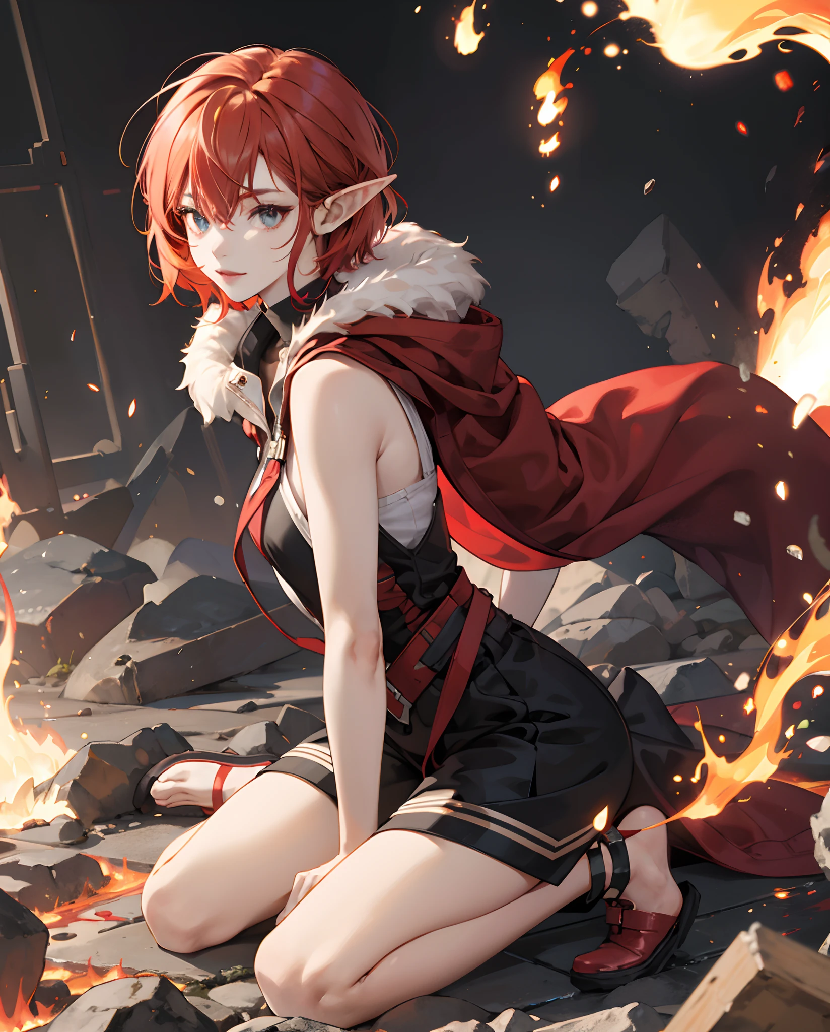 Female Elf, Short Red Hair, Fire Colored Eyes, Pale, Waring all Black