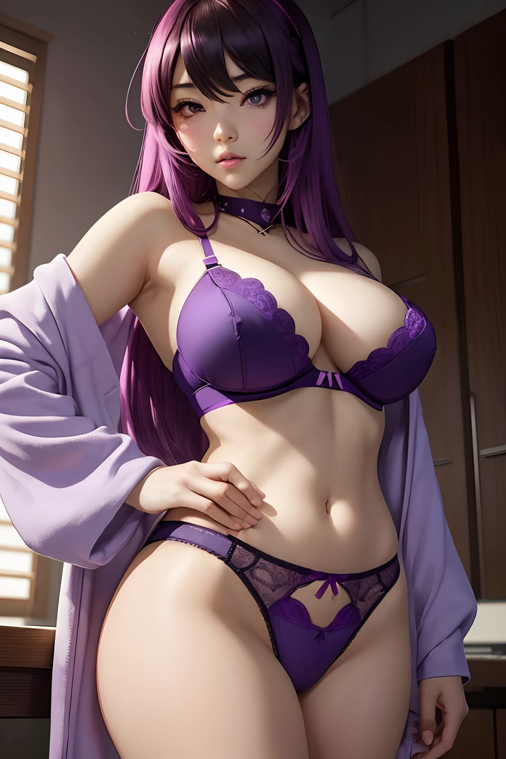 anime girl with big boos in purple bra top and panties, an anime drawing by Ilya Kuvshinov, pixiv, shin hanga, seductive anime girl, beautiful alluring anime woman, ahegao, attractive anime girl, beautiful alluring anime , ahegao face, beautiful anime woman, beautiful anime girl, ecchi, extremely detailed artgerm