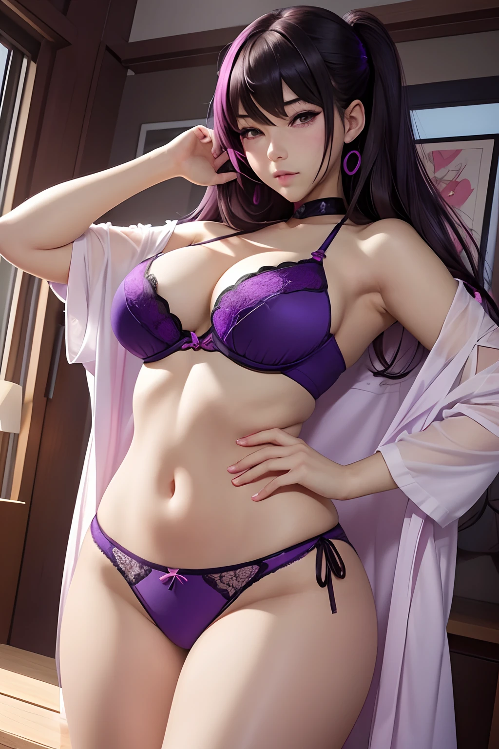 anime girl with big boos in purple bra top and panties, an anime drawing by Ilya Kuvshinov, pixiv, shin hanga, seductive anime girl, beautiful alluring anime woman, ahegao, attractive anime girl, beautiful alluring anime teen, ahegao face, beautiful anime woman, beautiful anime girl, ecchi, extremely detailed artgerm