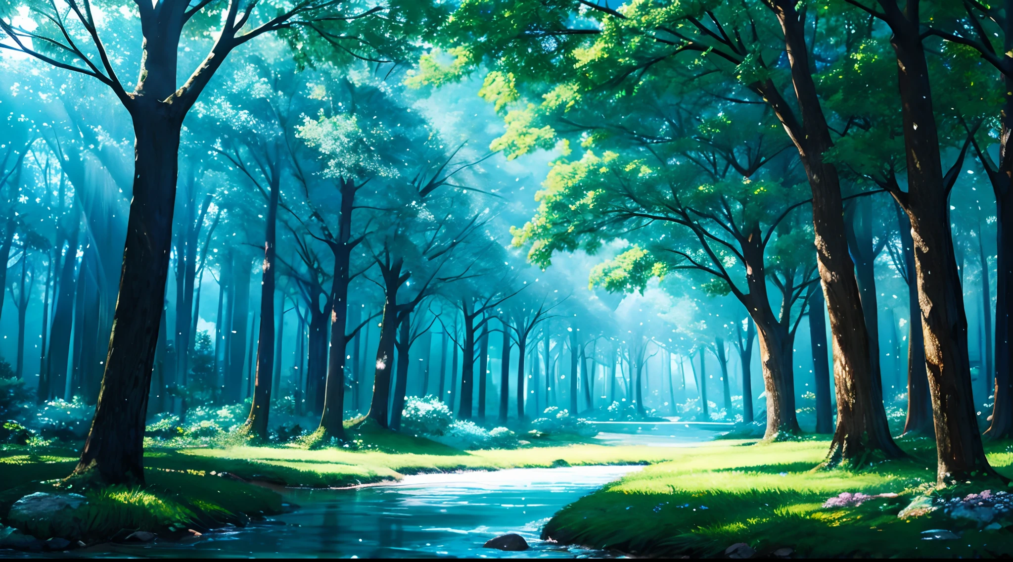 Background (anime style) magical forest, main color: light blue