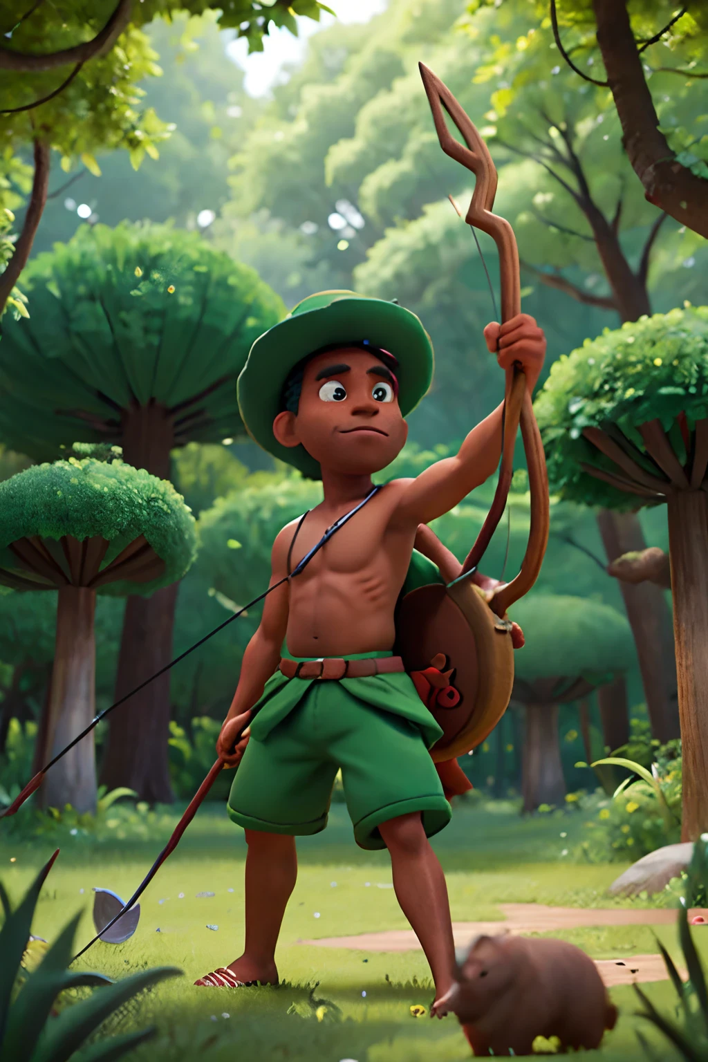 black man with green hat without shirts holding a bow and arrow coming out of a forest full of animals in pixar animation style