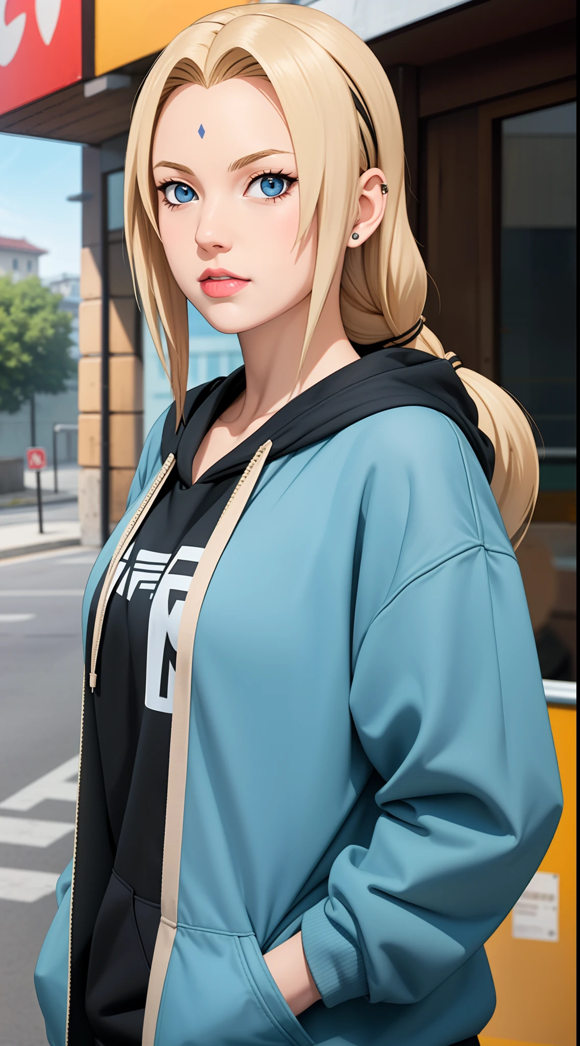 masterpiece, best quality, ultra-detailed, 1girl, upper body,
long hair, blonde hair, french braid, blue eyes, blunt bangs,
Wearing Streetwear Hoodie, stylish,
medium breast, cool attitude
looking at viewer, Tsunade \(shippuden\)
