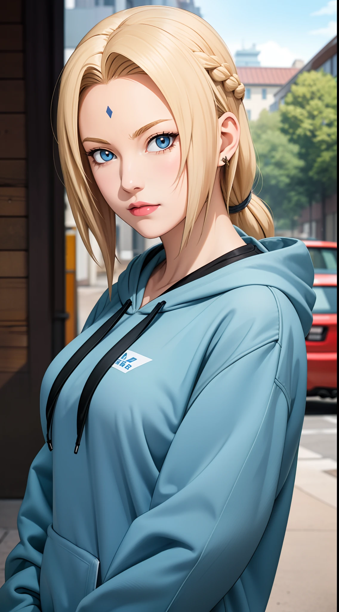 masterpiece, best quality, ultra-detailed, 1girl, upper body, 
long hair, blonde hair, french braid, blue eyes, blunt bangs, 
Wearing Streetwear Hoodie, stylish,
medium breast, cool attitude 
looking at viewer, Tsunade \(shippuden\)