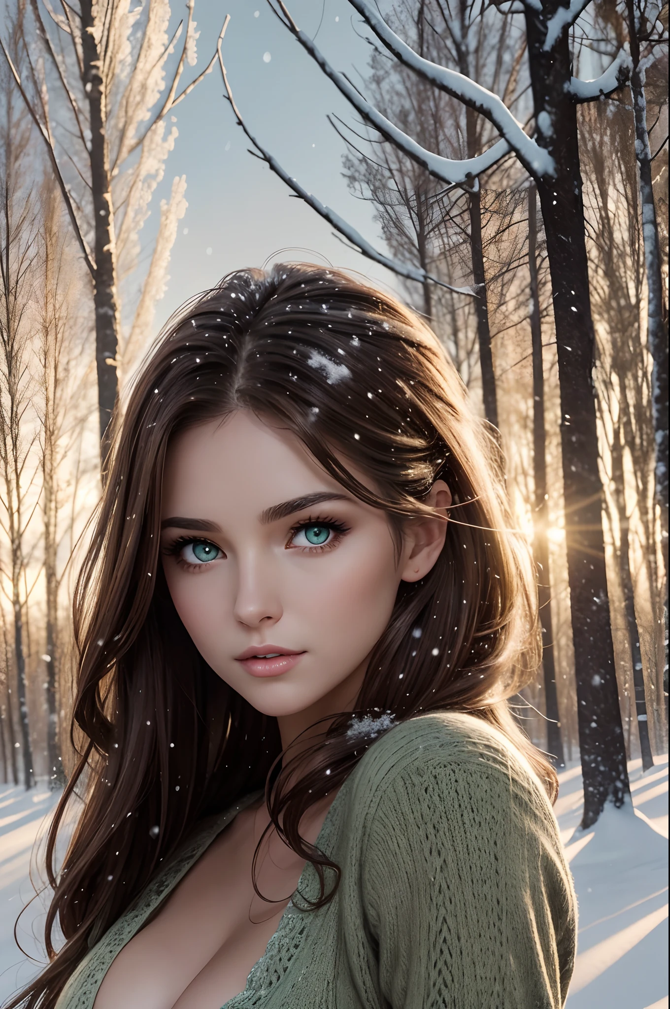 realistic woman, dark green eyes, with light brown hair. She is a gorgeous fantastic sexy woman posing like a model for the camera. Dress, with cleavage, she is fantastic, penetrating eyes sexy looks model posing. She is a snowy field,  well lit face, fall trees behind her, cinematic lights, afternoon lights and the snow gently falling arround her.