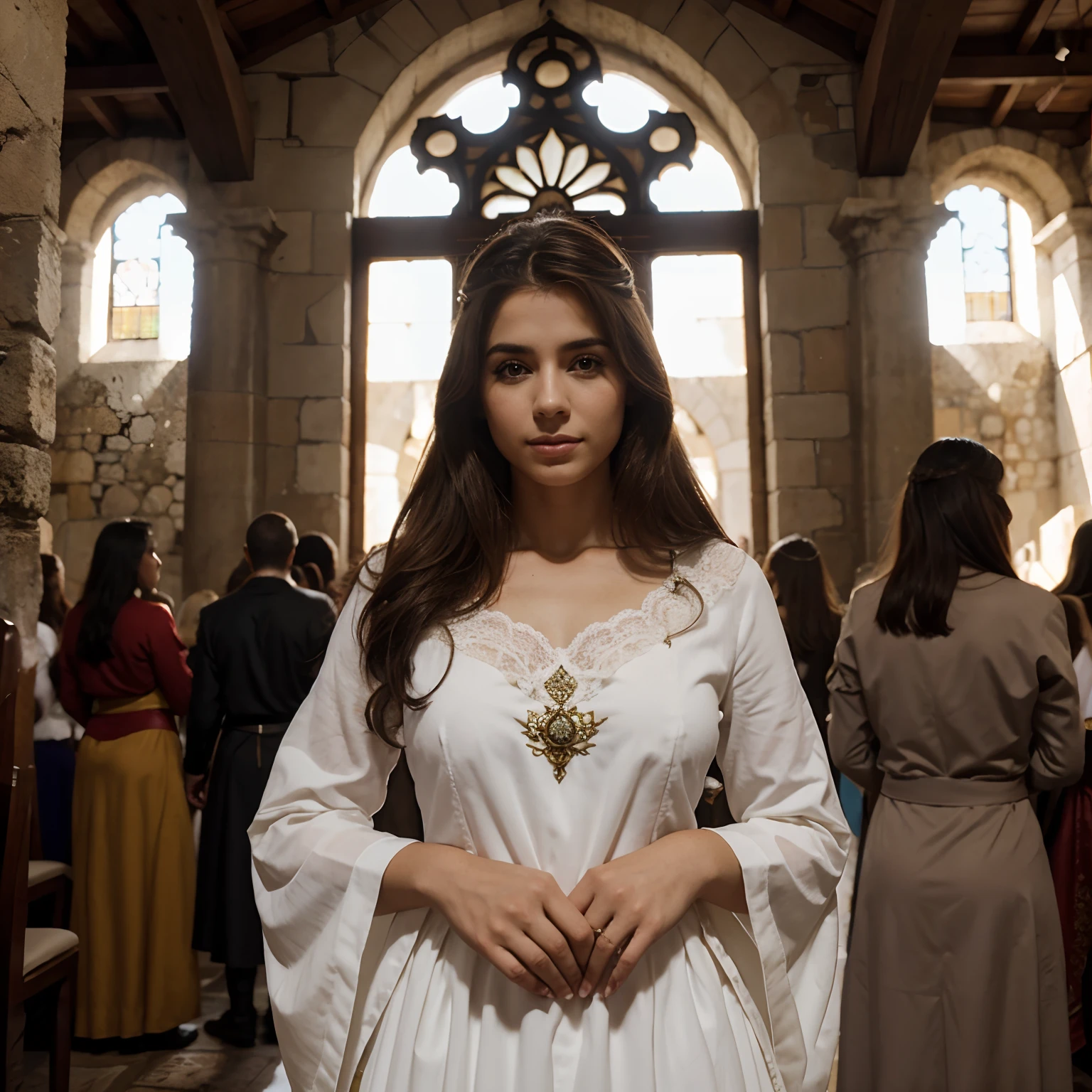 ULTRARREALISTA, detalhes nas sombras,  loira, casamento medieval, Warrior prince, belo rapaz, medieval army in the background, Monarchist Family, seios robustos, mulher atraente, roupa sensual, igreja, pombas brancas, detalhes na luz, cabelos castanhos