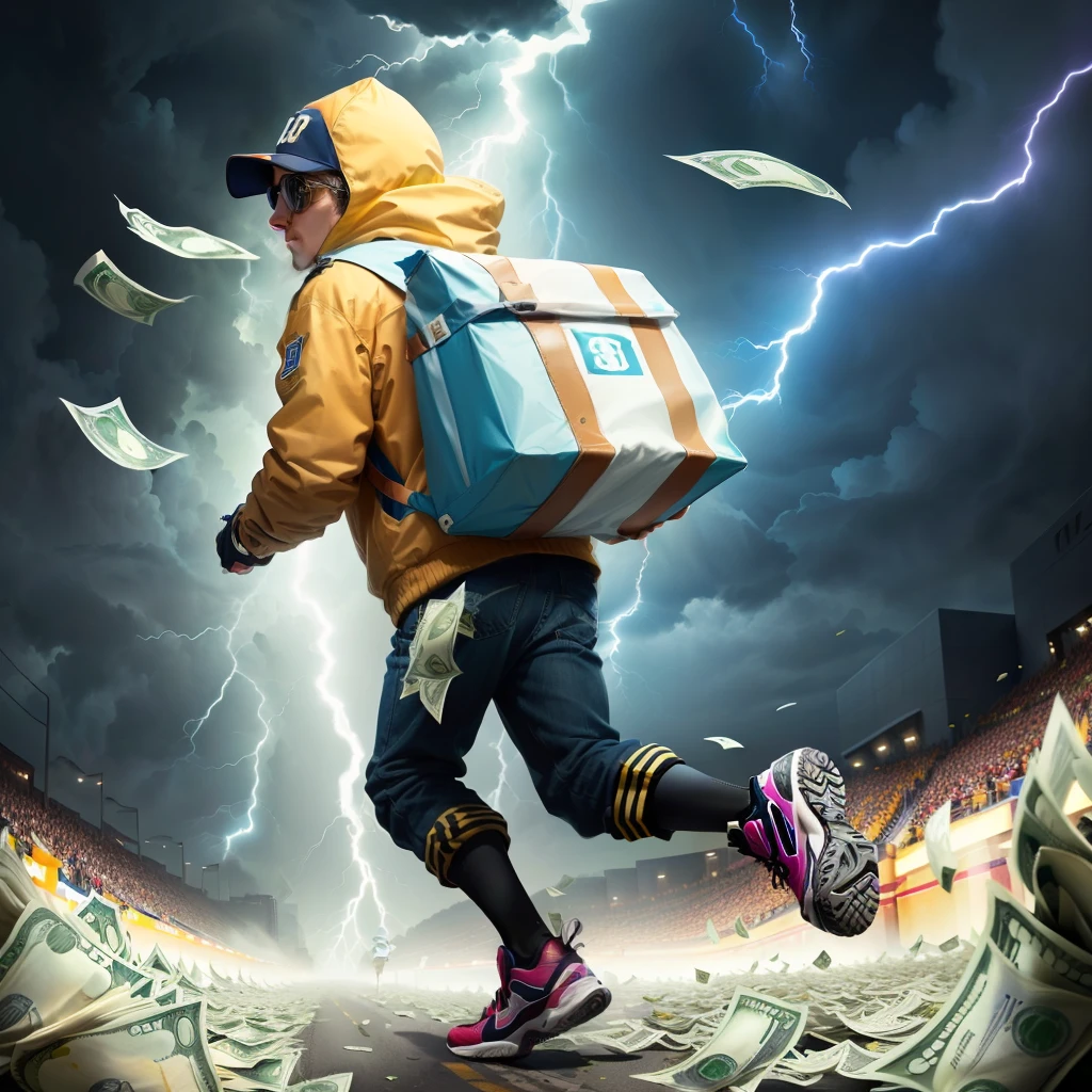 money bag with legs running a marathon with hundred dollar bills flying around. include killer bees broken hearts and lightning bolts vintage retro collegiate style with the text - TRVP University est 2014