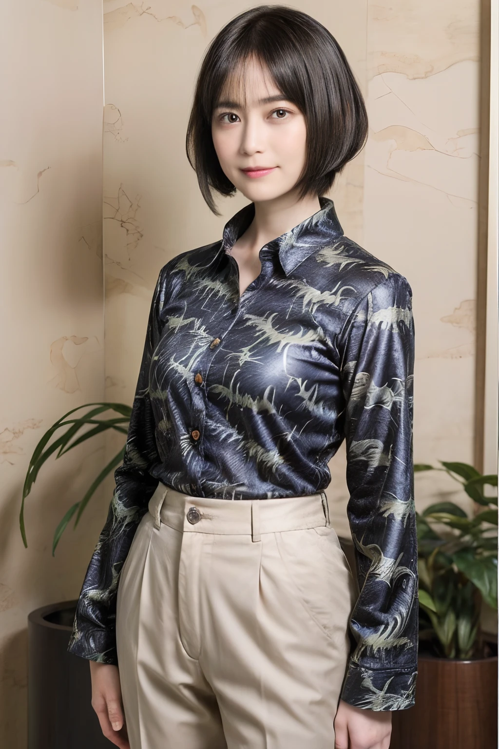 90
(a 20 yo woman,is standing), (A hyper-realistic), (masutepiece), ((short-hair:1.46)), (Smooth black hair), (Breast:1.0), wear long pants, (Wearing a dinosaur print long-sleeved shirt), (painterly、picture frame)