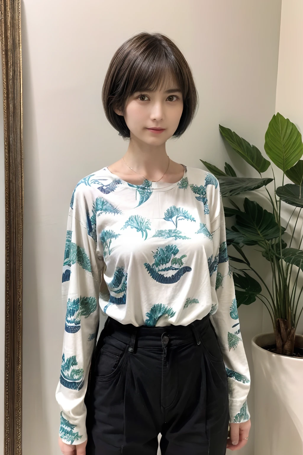 90
(a 20 yo woman,is standing), (A hyper-realistic), (masutepiece), ((short-hair:1.46)), (Smooth black hair), (Breast:1.0), wear long pants, (Wearing a dinosaur print long-sleeved shirt), (painterly、picture frame)