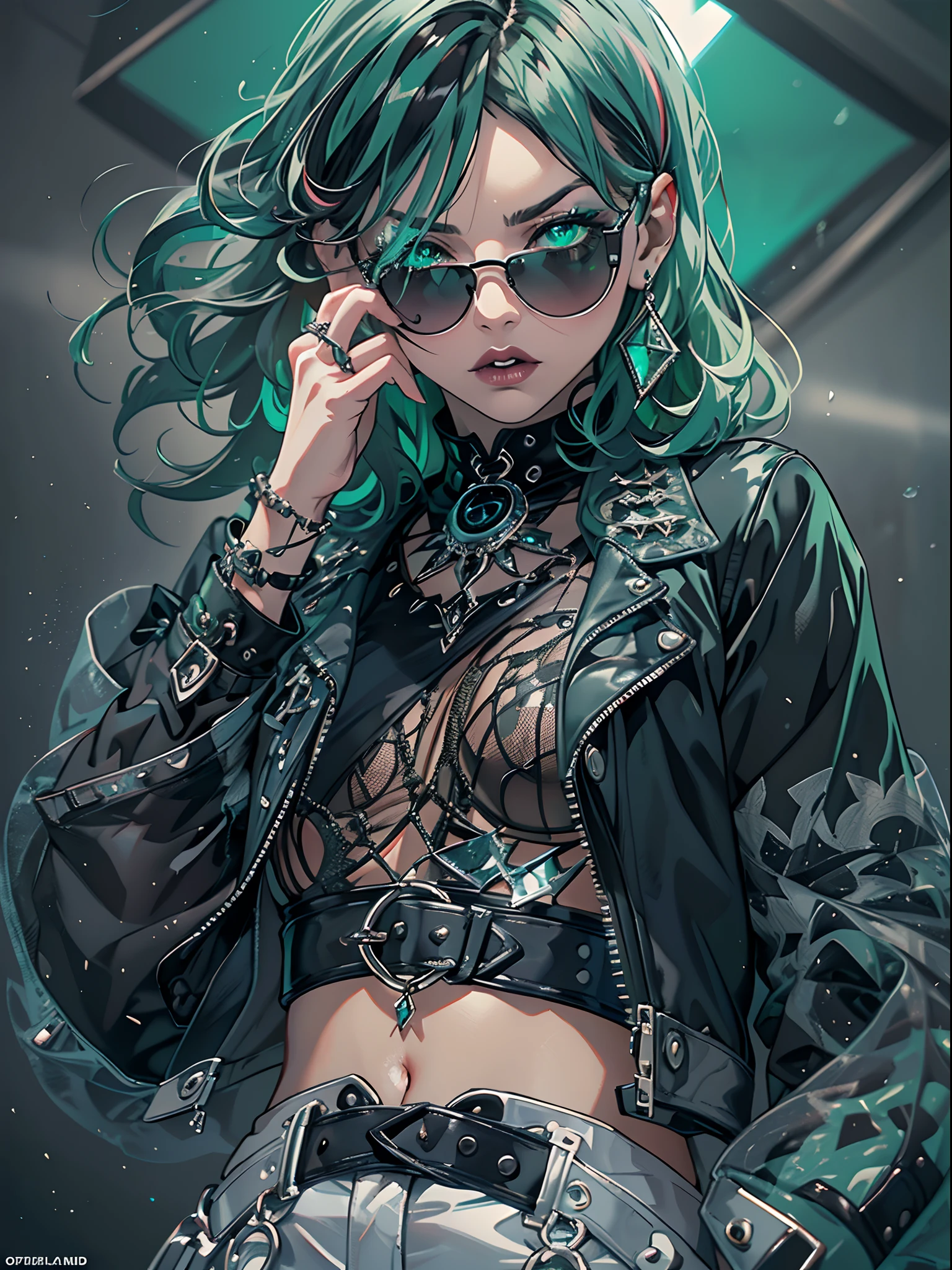 (best quality,ultra-detailed),(realistic,photo-realistic:1.37),beautiful women,black outfit,(multicolored jade green and silver lined hair, streaked hair, exquisite details, fine eyelashes, (chopard sunglasses, green frame), (short hair, petite, pixie, tomboy, gen z)deathmetal outfit style,edgy makeup,heavy black eyeliner,pale skin,expressive facial features,gothic accessories,dark background,intense lighting,contrast,ominous atmosphere, full body dynamic pose