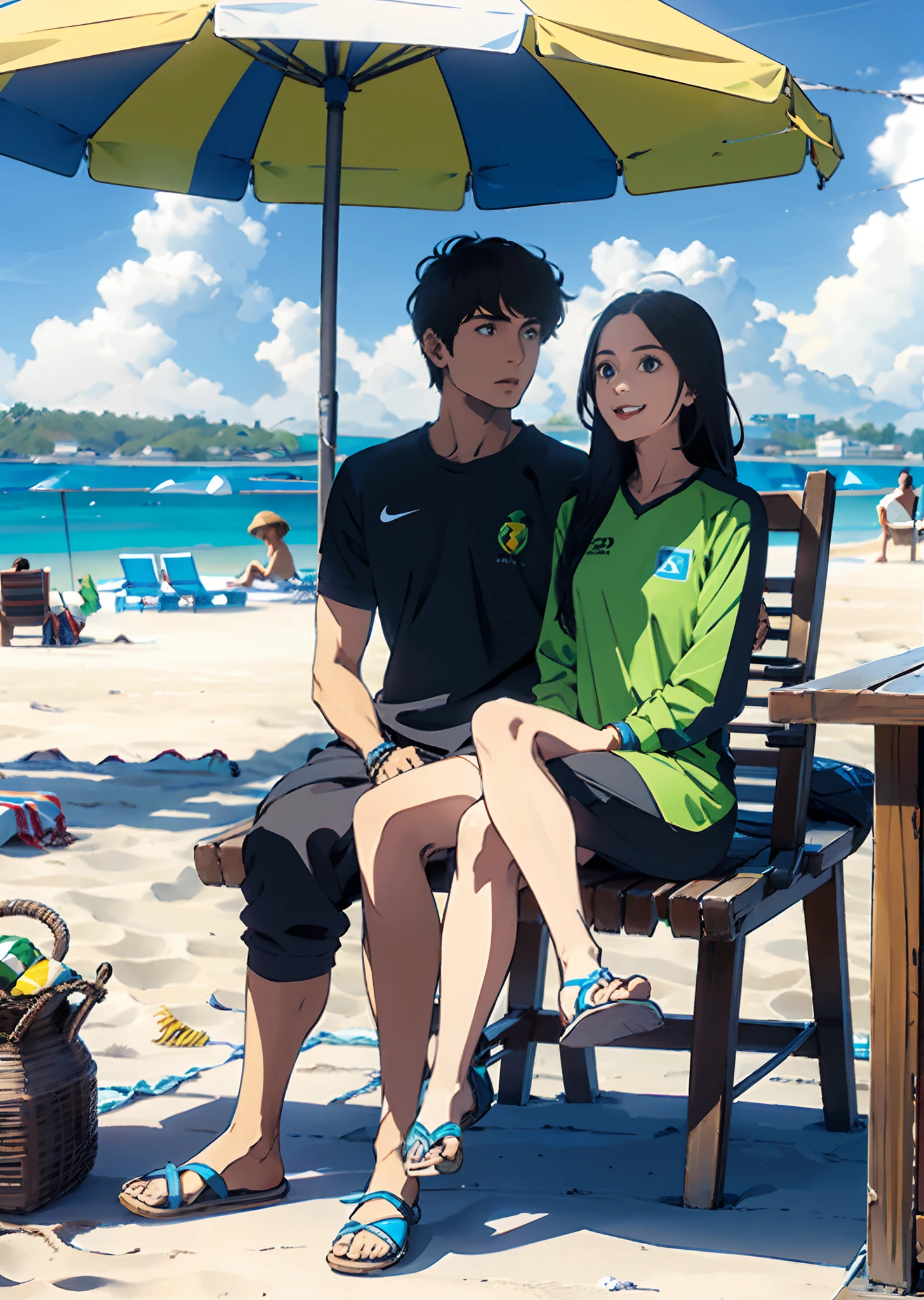 young couple wearing pakistani Jersey named "Hamza" and "Assawara" sitting on chair in beach and enjoy the wether.