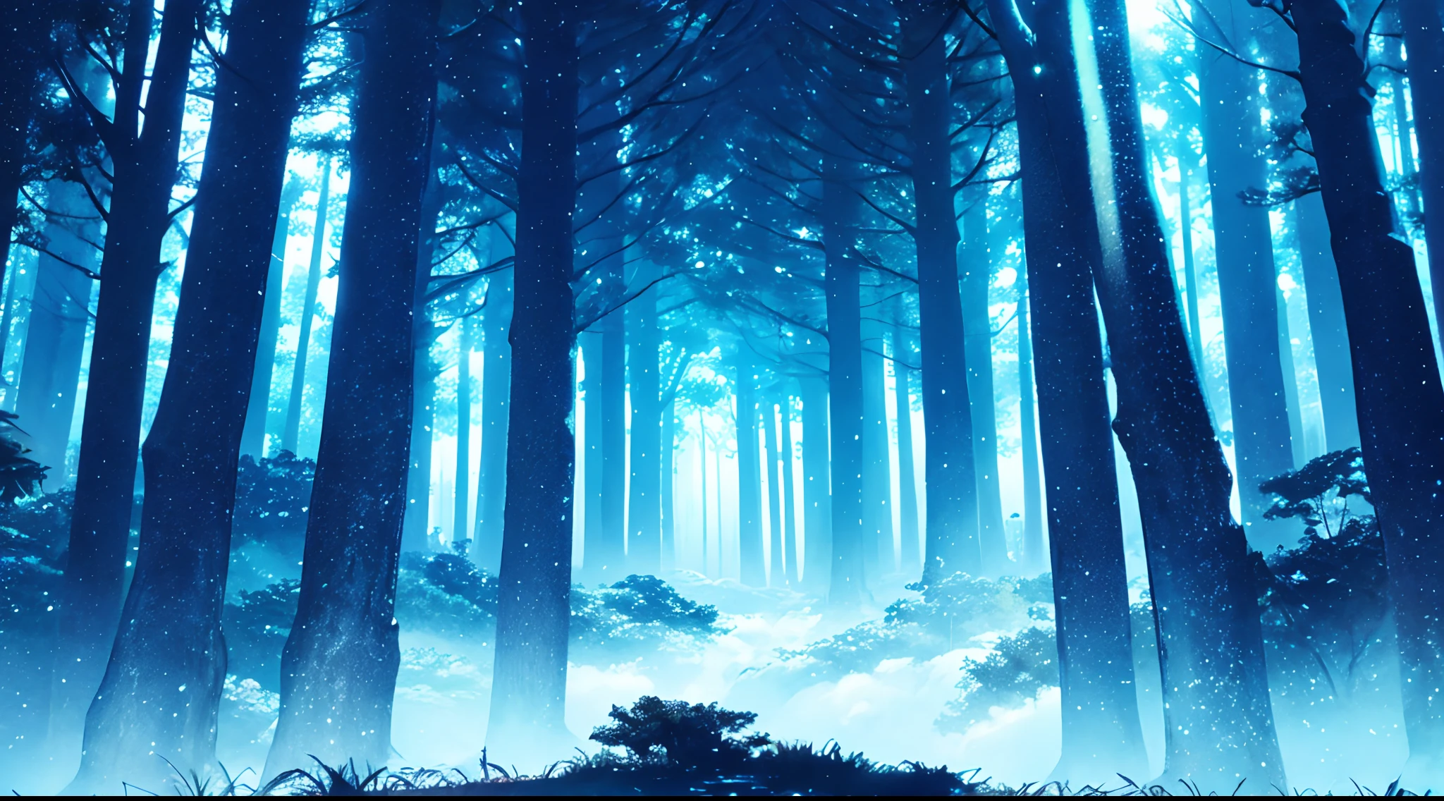 Background (anime style) magical forest, main color: light blue