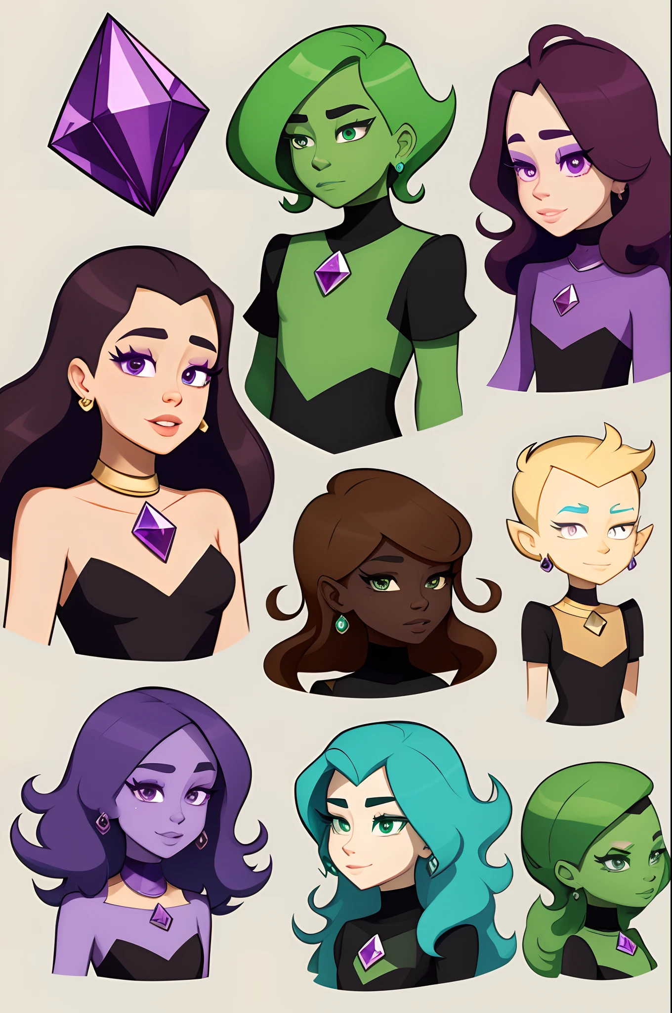 Gemsona fusion character. Steven Universe style. Long hair. Green and purple color scheme. Chest Diamond shape gem. Forehead gem.