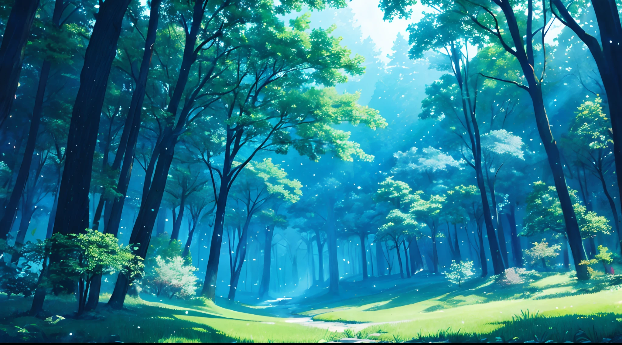 Background (anime style) magical forest, main color: light blue