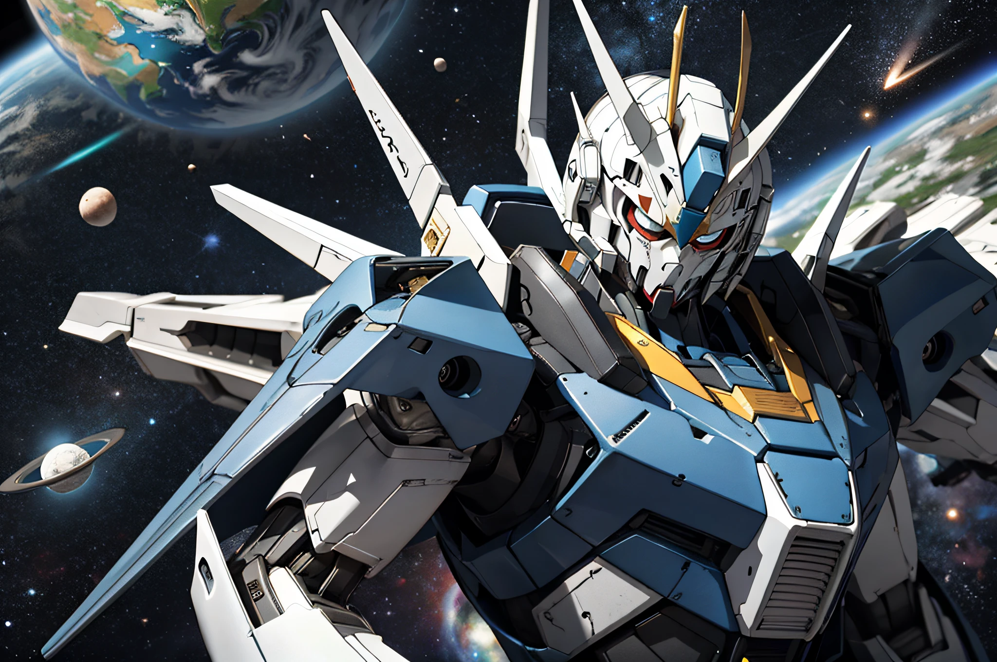 Mobile Suit Gundam with a blue and white body、Fly in outer space。Earth with stars on background、