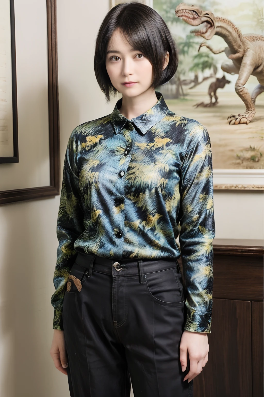 90
(a 20 yo woman,is standing), (A hyper-realistic), (masutepiece), ((short-hair:1.46)), (Smooth black hair), (Breast:1.0), wear long pants, (Wearing a dinosaur print long-sleeved shirt), (painterly、picture frame)