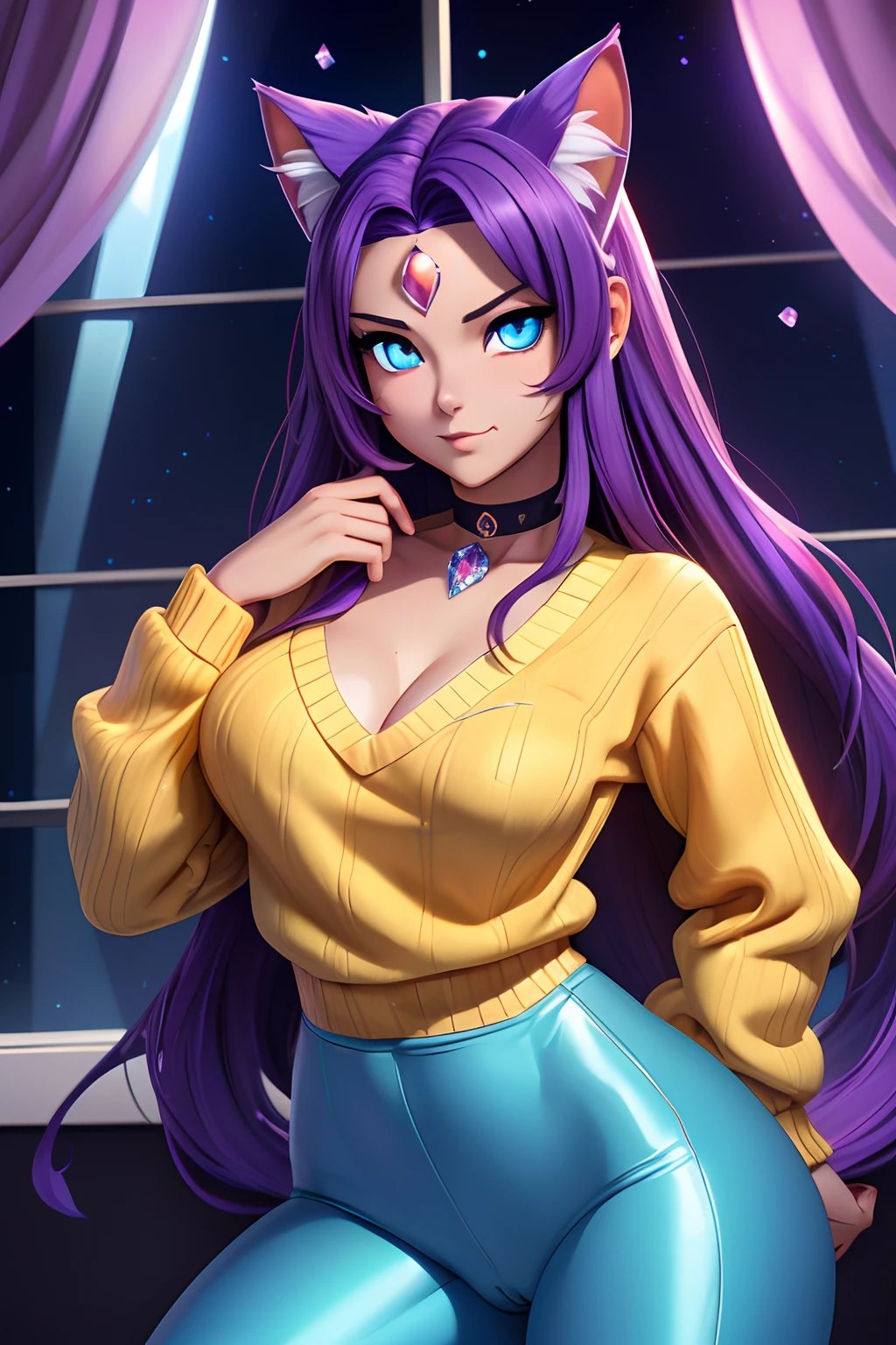 Neko Girl, Maid, Princess, ((Have a fluffy cat tail)), ((purple long hair), beatiful face, ((In her forehead is a blue princess crystal)), ((sexy facial expression)), is looking at the camera, ((Body color: swarthy reddish)), skin color: swarthy, sweaty body, Body glare, ((Beautiful Female Eyes)), ((Eyes glow with blue light)), ((Perfect Sexy Figure)), Ideal body shapes, big thighs, ((sophisticated and beautiful)), Sexy stance ((frontal view)), ((The clothes: Yellow sweater with beautiful neckline and women's leggings, Around the neck is a choker with a crystal inside)) Background: Dark room with window overlooking the sunset, Depth of field, ((ultra quality)), ((tmasterpiece)), Clear image, crisp details, Realistic, professional photoshoot, Clear Focus, the anime, Colorfully drawn, NSFW