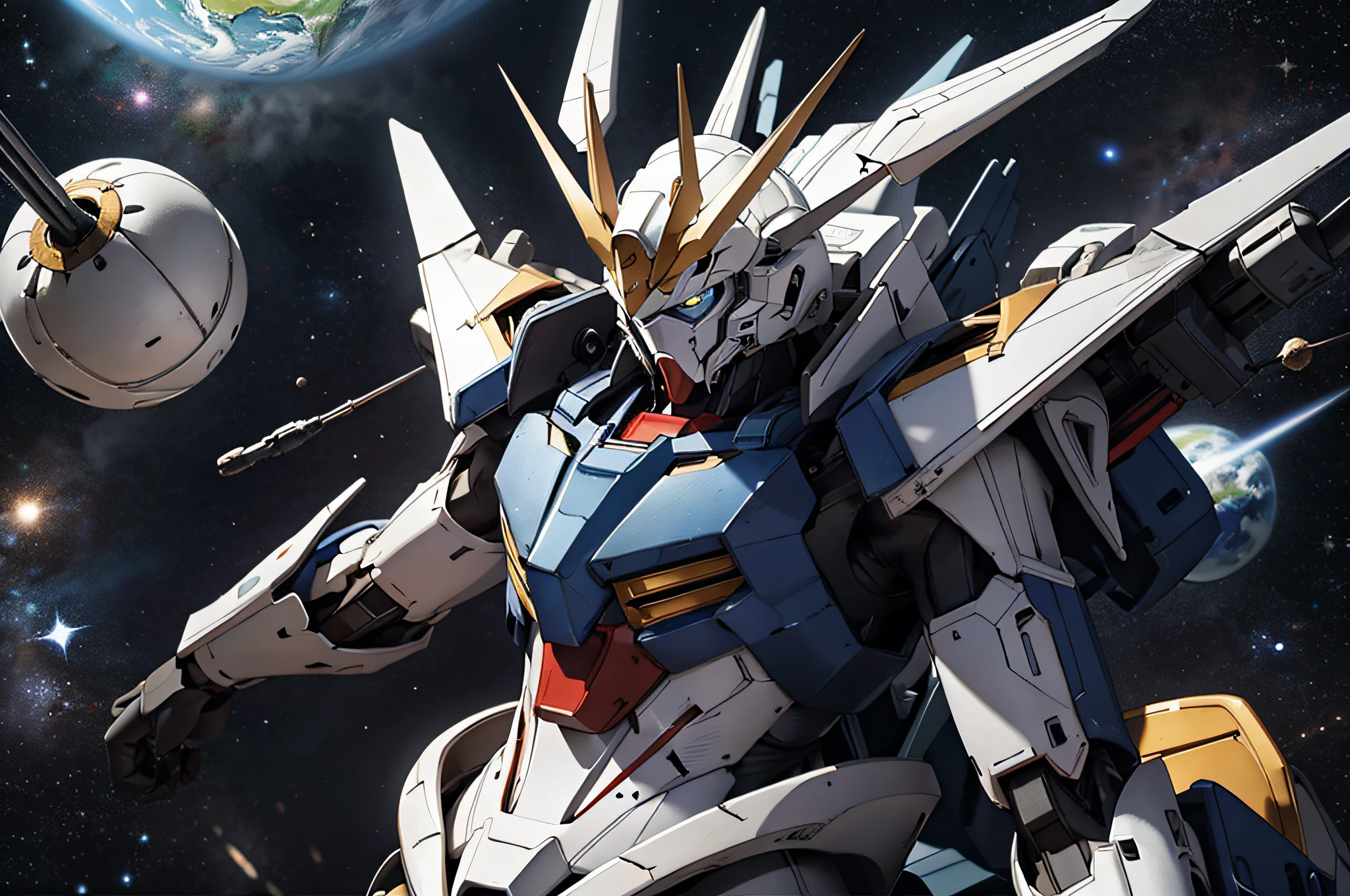 Mobile Suit Gundam with a blue and white body、Fly in outer space。Earth with stars on background、