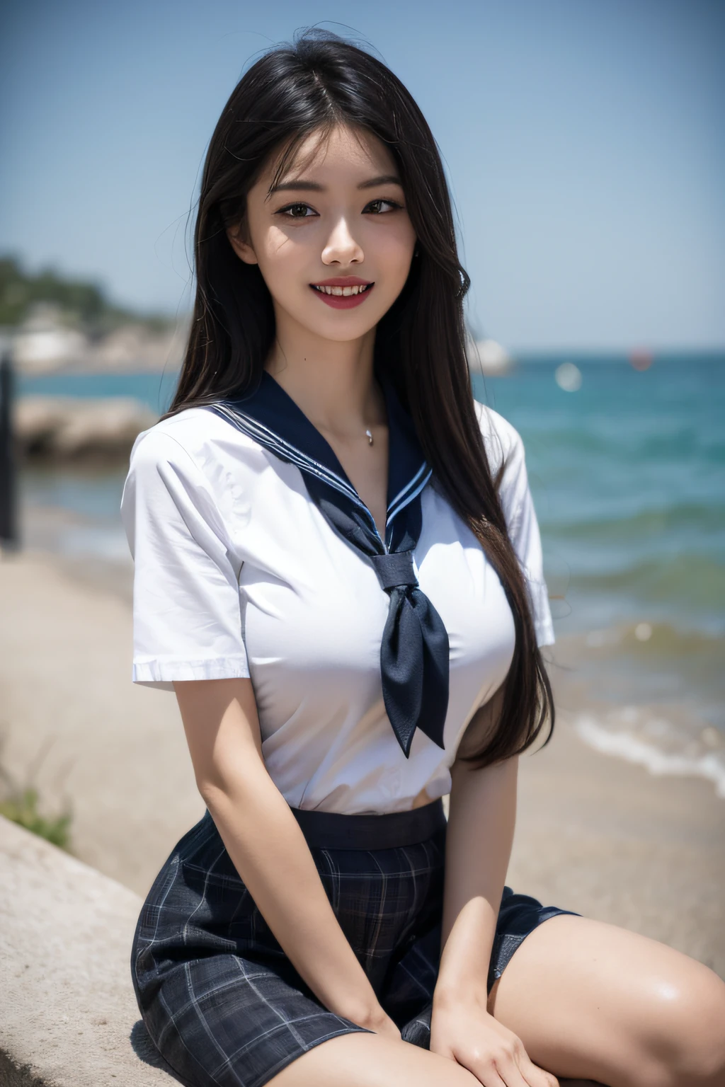 8K raw photo, Best quality, masterpiece, ultra high res, 3d, realistic, 1girl, asian, black_hair, black_sailor_collar, long_hair, nose, school_uniform, serafuku, natural skin texture, light brown_eye, detailed eyes and face, lips, lipstick, smile, beautiful legs, enormous breasts, beautiful seaside location, (detailed background), plaid skirt, white shirt, enormous breast, blurry background, short sleeves