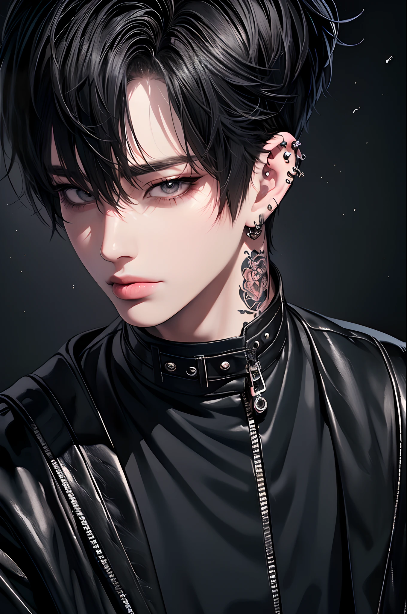 (4K works))、masterpiece、(top-quality)、((Black cityscape background))、Korean Male、Adult male、((Adult 50 years old))、((Adult uncle type))、((Leather Jeans Style))、((Face similar to Hyunjin))、Cool Men、tall、((Wild features))、((Wild look))、((angry expressions))、((Long sleeve long trouser style))、((Smaller face))、Slim body、(((short-haired)))、((Shot alone))、((Solo Photography))、Professional Photos、((He is in front of the viewer))、((Upper body photography))、((Wear a lot of piercings))、((Piercing on the lips))、((Stick out the tongue))、((Tongue piercing))、((Sick Boys))、((Mine Boys))、((Lots of tattoos))、((Mine photo))