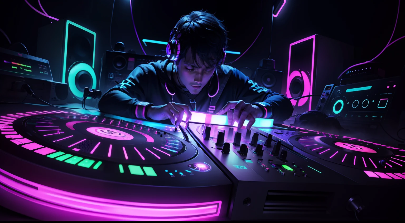 Detailed DJ Boy DJ Controller with Neon, Super vibrant music lights.