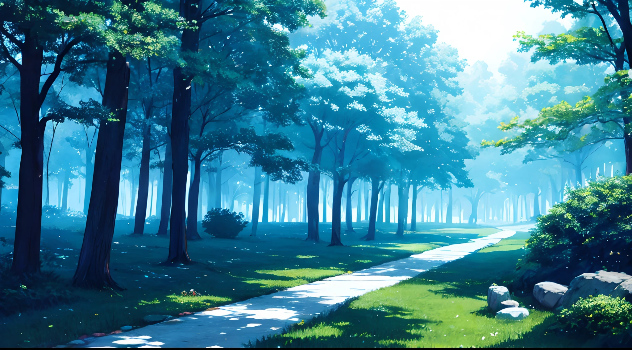 Background (anime style) magical forest, main color: light blue