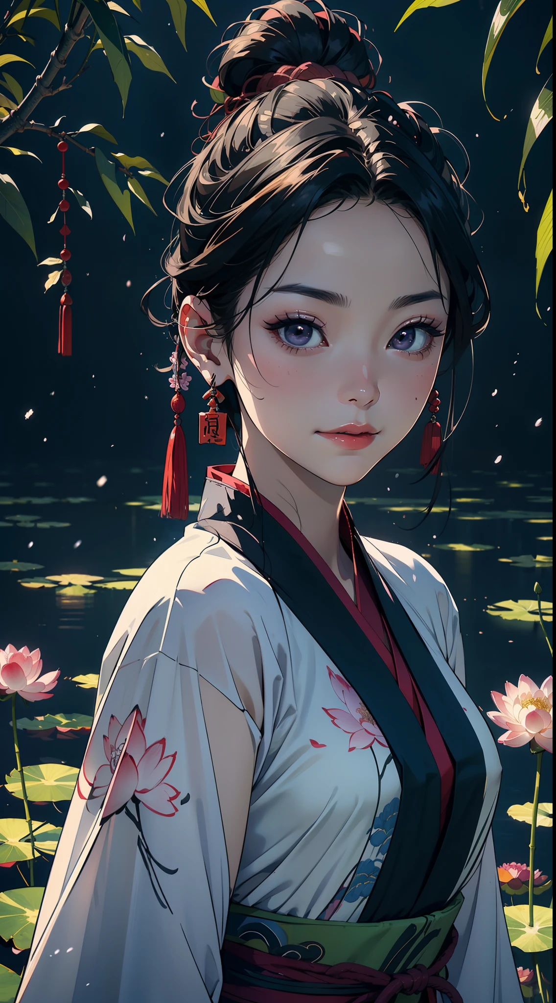 Chinese painting, gongbi painting style, ink, legend, background purple, dark purple, dark tone, pink, lotus, foreground, lotus medium view, green bamboo vista, (snow scene), (ancient Chinese big red Hanfu beauty standing in the sea of flowers smiling)), melon seed face, willow leaf eyebrows, cherry small mouth, (black eyes), gentle atmosphere, close-up, perfect facial features, (hair delicately portrayed), (delicate facial depiction), master works, (meticulous depiction of flowers), ultra-fine, high quality, high resolution, perfect composition, ((masterpiece))