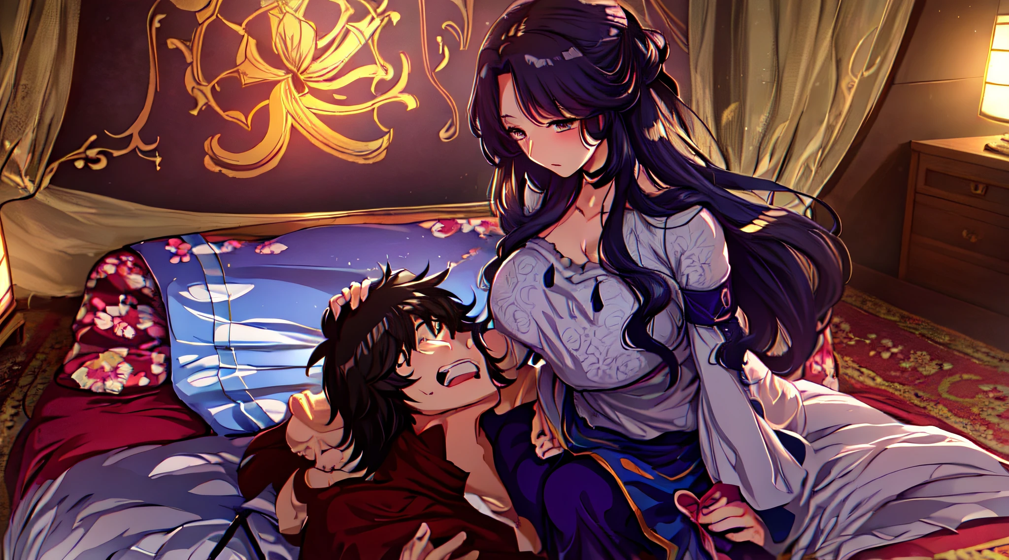 Anime - imagem de estilo de um casal de pessoas deitadas em uma cama, Res:, inspirado em Okumura Masanobu, flowing hair and long robes, fanart de alta qualidade, :14 Estilo anime dos anos 80, inspirado em Yanagawa Shigenobu, fan art, in japanese anime style, they are siblings, anime em estilo fantasia, em estilo anime