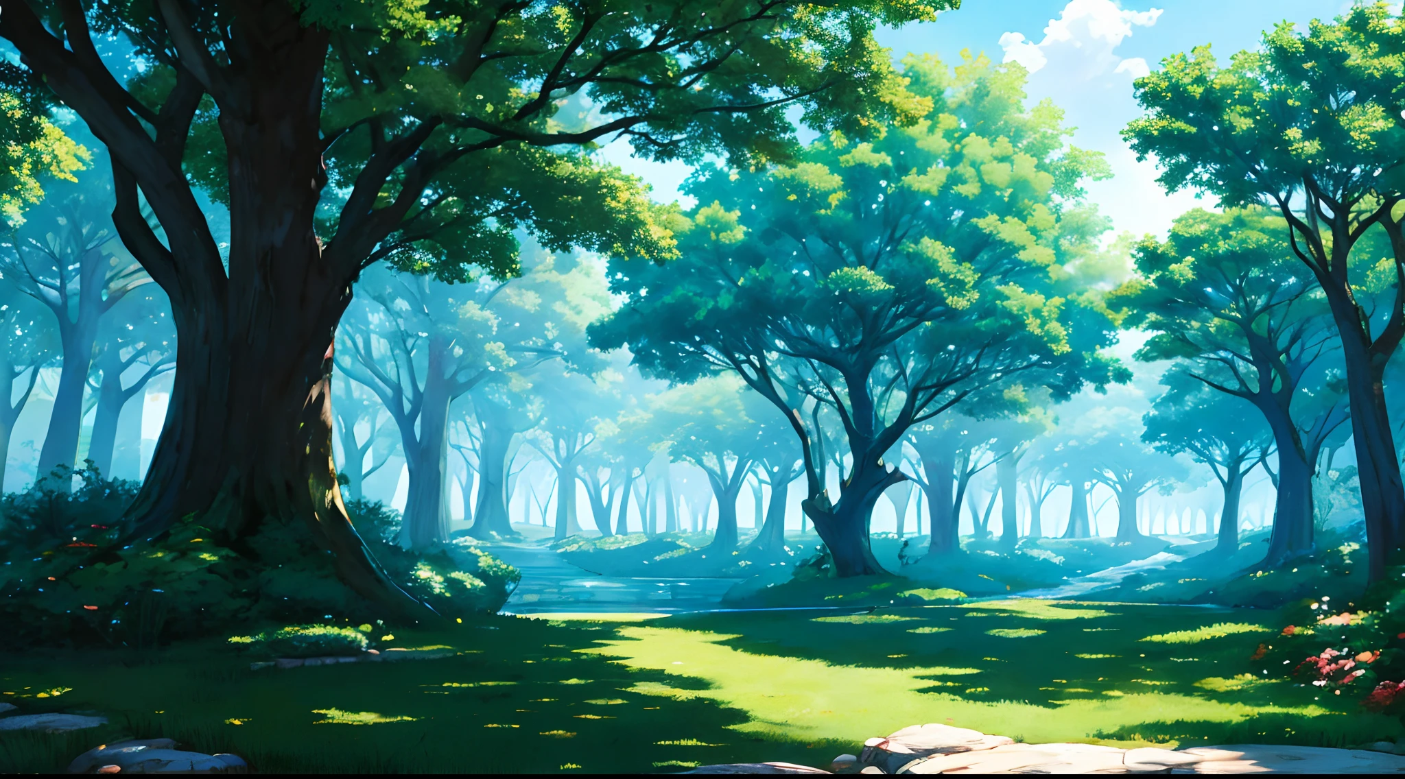 Background (anime style) magical forest, main color: light blue