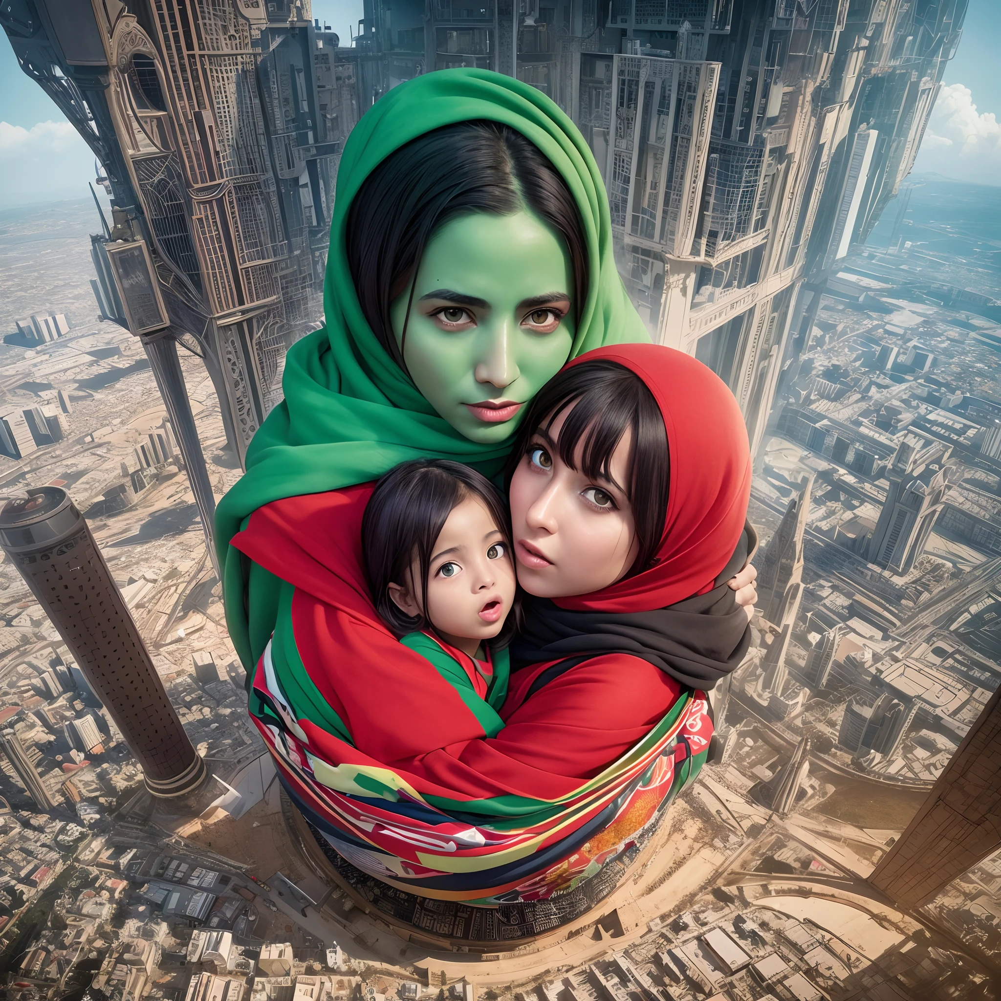 Aerial view angle shot of a crying arab family of mother, father and child holding each other in a family hug while looking up at the sky, the arab family background and surrounding all covered in a huge bomb explosion smoke, the smoke coloured in Palestinian flag colours of red and green, surrealism art, fantasy art, arthouse art, creative art, red and green layers of colour in the background, surrealism, cinematic lighting, artgerm style, 32k, ultra HD, unreal engine rendered, hyper-realistic image, --auto --s2