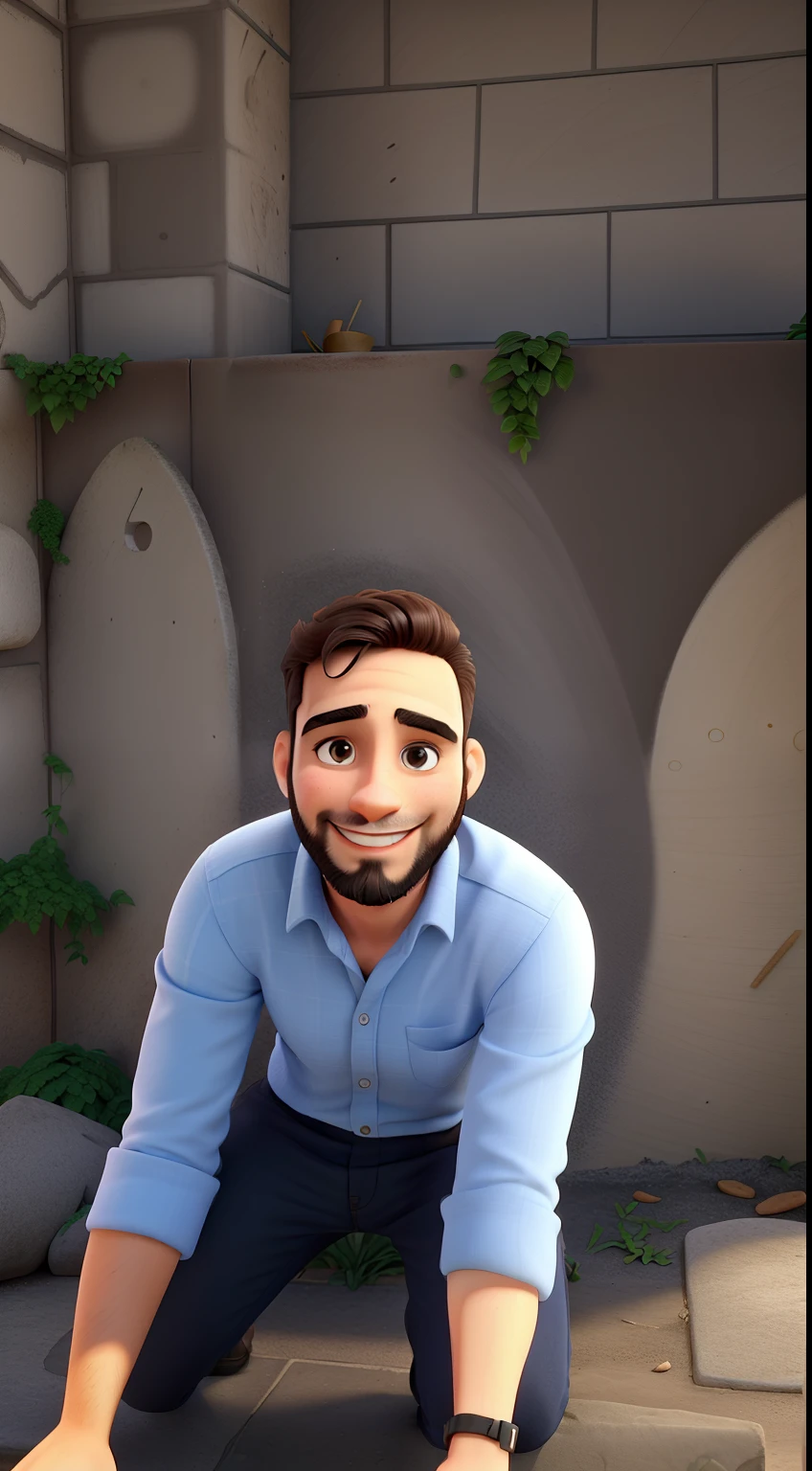Um jovem de 30 anos, com barba e cabelos curtos, sorrindo, com luz natural e parede grafitada ao fundo.