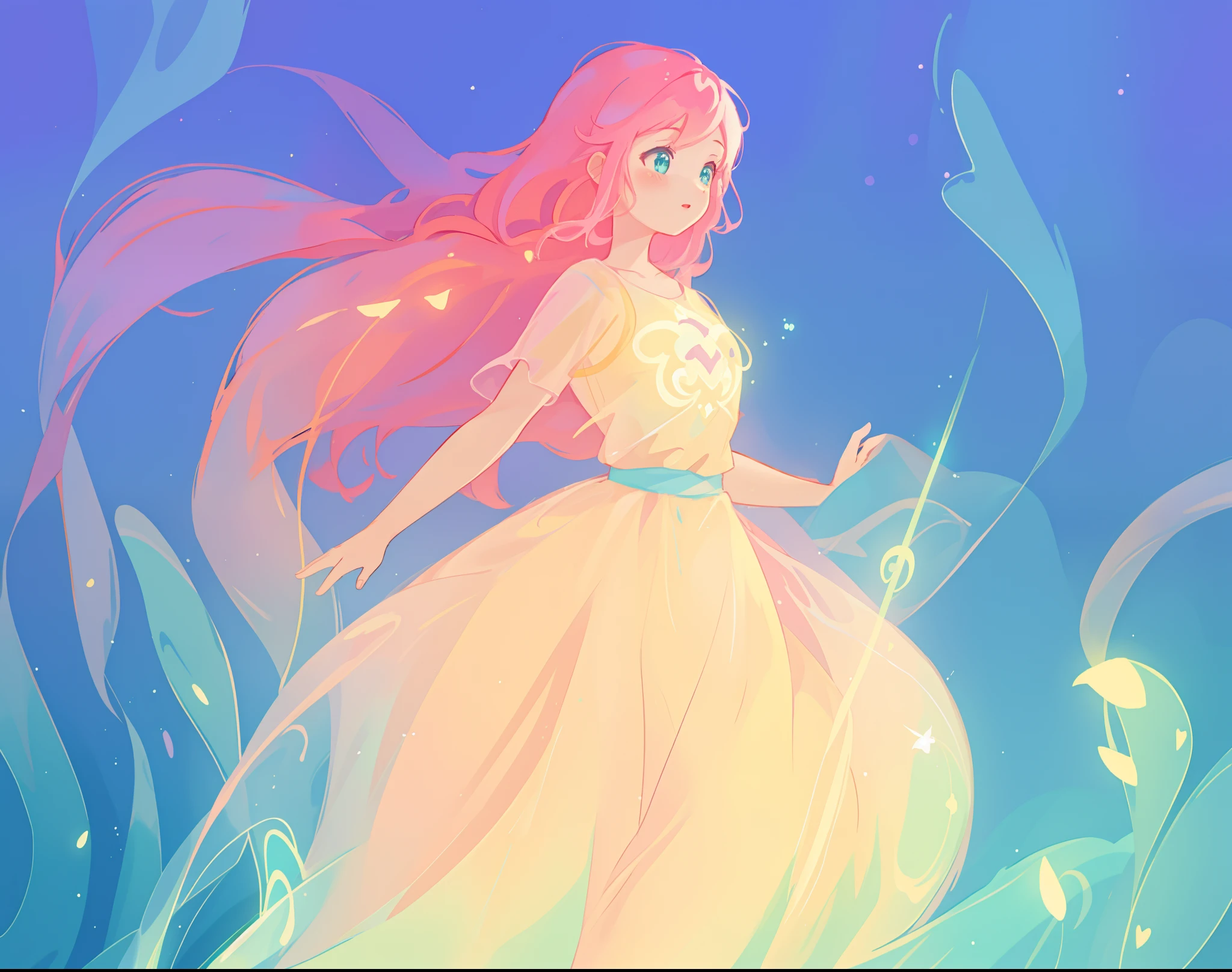 beautiful girl in flowing puffy dress, vibrant pastel colors, (colorful), magical lights, long flowing colorful pink hair, otherworldly aqua and blue otherworldly landscape background, inspired by Glen Keane, inspired by Lois van Baarle, disney art style, by Lois van Baarle, glowing aura around her, by Glen Keane, jen bartel, glowing lights! digital painting, flowing glowing hair, glowing flowing hair, beautiful digital illustration, fantasia background, whimsical, magical, fantasy, beautiful face, ((masterpiece, best quality)), intricate details, highly detailed, sharp focus, 8k resolution, sparkling detailed eyes, liquid watercolor