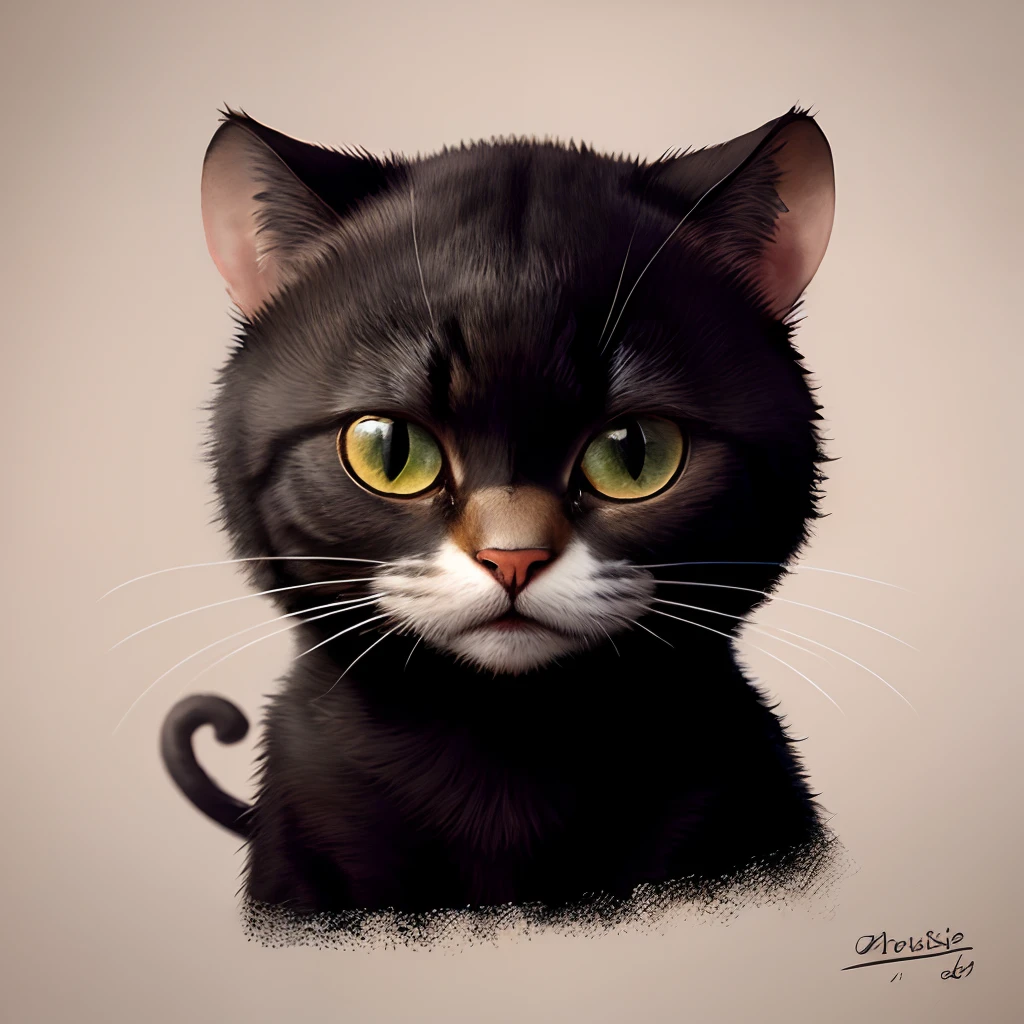 Chat noir et blanc, avec une tache noir sur le nez et une autre tache sur le menton. Il chasse une souris.