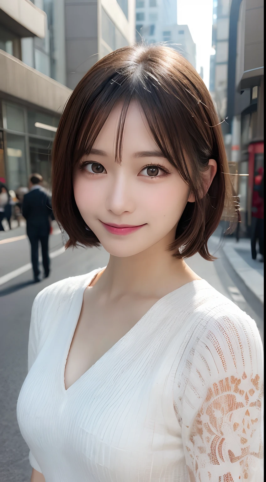 masutepiece, Best Quality, Illustration, Ultra-detailed, finely detail, hight resolution, 8K Wallpaper, Perfect dynamic composition, Beautiful detailed eyes, doress,Medium Hair, mid-chest, Natural Color Lip, Random and sexy poses,Smile,Aoyama Street Walk