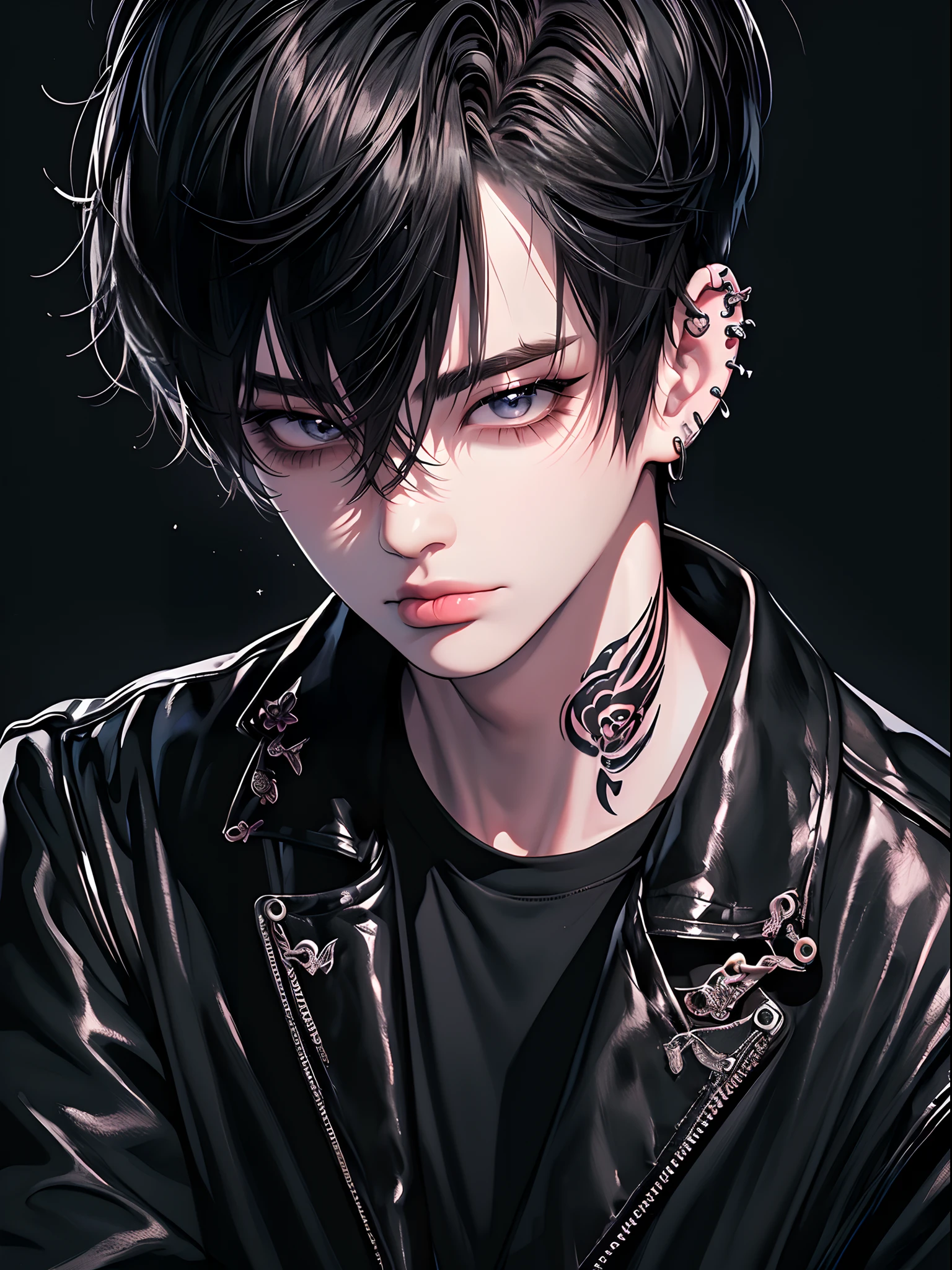 (4K works))、masterpiece、(top-quality)、((Black cityscape background))、Korean Male、Adult male、((Adult 50 years old))、((Adult uncle type))、((Leather Jeans Style))、((Face similar to Hyunjin))、Cool Men、tall、((Wild features))、((Wild look))、((angry expressions))、((Long sleeve long trouser style))、((Smaller face))、Slim body、(((short-haired)))、((Shot alone))、((Solo Photography))、Professional Photos、((He is in front of the viewer))、((Monochrome photography))、((Upper body photography))、((Wear a lot of piercings))、((Piercing on the lips))、((Tongue piercing))、((Icon Photo))、((Sick Boyine Boys))、((Lots of tattooine photo))、((sassy pose))