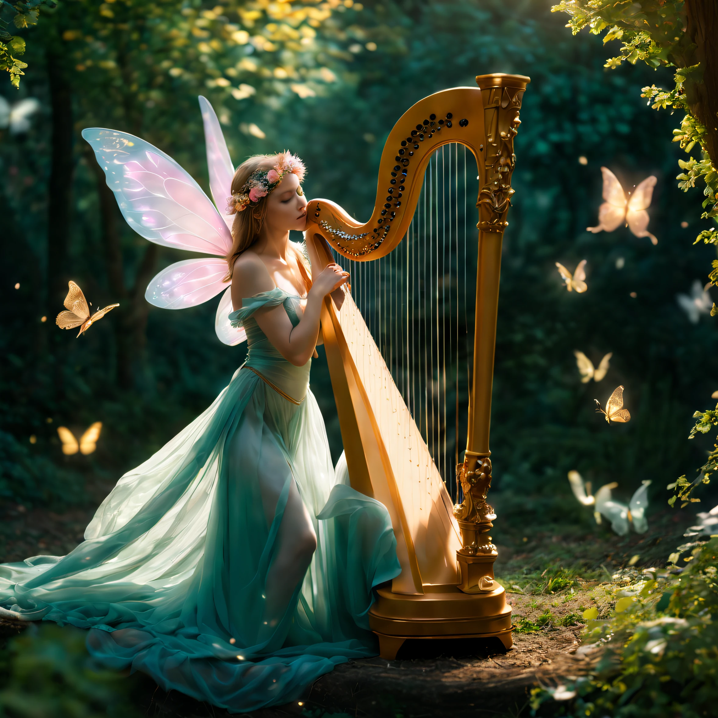 (best quality,4k,8k,highres,masterpiece:1.2),ultra-detailed,(realistic,photorealistic,photo-realistic:1.37),magical,mythical,faery,A faery playing a harp with tremendous passion and emotion,sparkling,golden strings,magical,enchanted harp,hazy,wisps of colorful smoke rising from the harp,glittering,magical notes floating in the air,ethereal,lush green garden filled with vibrant flowers and lush trees,floating,glowing petals swirling around the faery,ethereal,magical dust twinkling in the sunlight,fleeting,golden butterflies fluttering around the faery,ethereal,soft and warm sunlight illuminating the scene,dreamlike,soft pastel colors creating a dreamy atmosphere,immersive,delicate details on the faery's wings and clothing,flowing,graceful movements as the faery's fingers dance across the harp strings,serene,peaceful expression on the faery's face as she loses herself in the music,whimsical,a sense of magic and wonder permeating the entire scene,fantastical,otherworldly beings peering out from behind the trees,enchanted,falling leaves transforming into delicate,glowing harp notes as they drift through the air.
