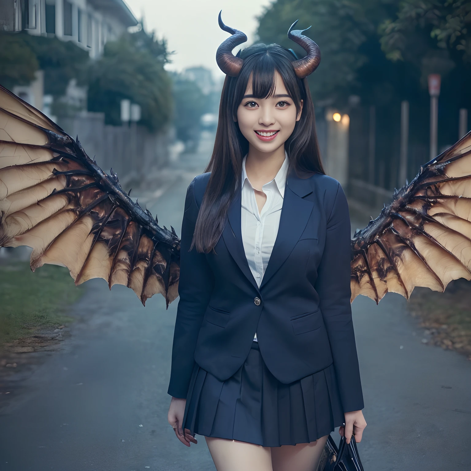 (((masutepiece、top-quality)))((1 girl、Navy Blazer、Navy skirt、School Navy Blazer、Wearing a blazer unbuttoned.、Take off your shirt and put on your blazer、Navy Blazer Uniform、Navy blazer for uniforms、Blazer on shirt、White shirt and navy blazer、Dark blue pleated skirt))、((Huge and intricate demon wings,Wings with a very elaborate texture,Wings with a very complex texture,Creature wings with a very realistic texture,Wings with the most exquisite texture、Perfectly reproduces the texture of creepy feathers、Very flaky and detailed wing texture、Wings of a terrifying monster,Terrible and ugly wings、The most terrifying wings、Wings with unimaginably complex textures、The most terrifying and creepy wings、Huge, Lumpy devil's horns、Corners of the most complex textures、Photorealistic Devil's Wings、Photorealistic Devil's Horns、The most terrifying devil's wings、Unimaginably terrifying wings、Big Devil's Horn,Realistic and big horns,Very complex and terrifying demon horns、Creepy horns,Horn with a very elaborate texture、Terrible and ugly horns、((The background is the route to school、Walking along the school route surrounded by nature、Walking on the way to school))、8K,An ultra-high picture quality,The most beautiful idol faces,The biggest smile staring at the camera、美丽的面容、Beautiful teeth、natural make up、Natural bright lighting、Long、straight haired、A detailed face、Super Detail Wing、Perfect camera gaze、beautiful smiling face、spectacular movie lighting、A slender、large full breasts、bulky, Complex wings