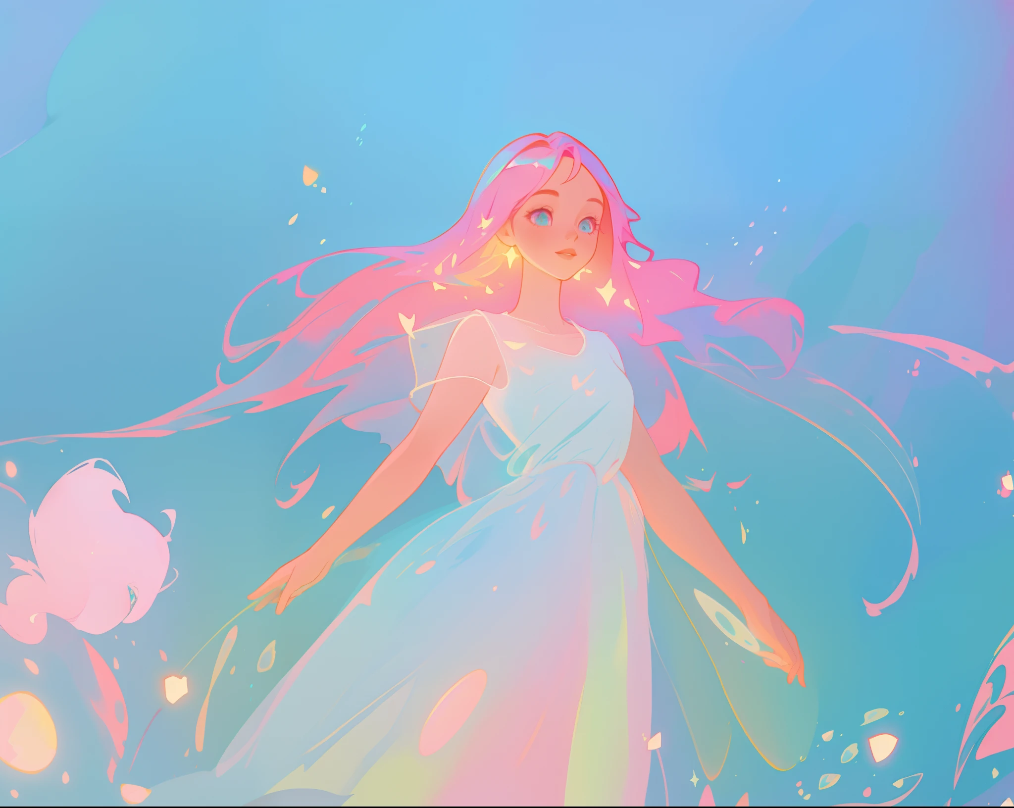 beautiful girl in flowing white dress, vibrant pastel colors, (colorful), magical lights, long flowing colorful pink hair, otherworldly aqua and blue landscape background, inspired by Glen Keane, inspired by Lois van Baarle, disney art style, by Lois van Baarle, glowing aura around her, by Glen Keane, jen bartel, glowing lights! digital painting, flowing glowing hair, glowing flowing hair, beautiful digital illustration, fantasia background, whimsical, magical, fantasy, beautiful face, ((masterpiece, best quality)), intricate details, highly detailed, sharp focus, 8k resolution, sparkling detailed eyes, liquid watercolor