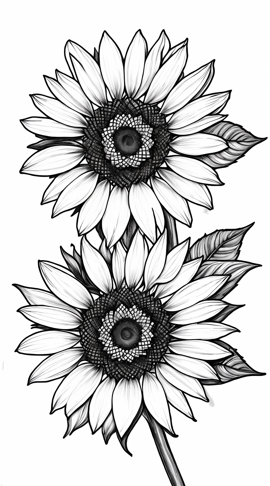 a black and white drawing of two sunflowers with leaves, detailed flowers, realistic black and white, flowers with intricate detail, black and white detailed sketch, black and white coloring, immaculate shading, black and white color only, sunflowers, sketch black and white colors, daisies, realism tattoo drawing, tattoo design, down left arm and back, long petals, extremely detailed shading