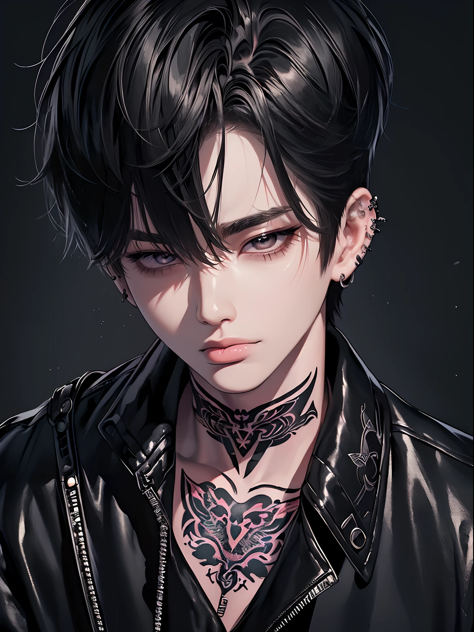 (4K works))、masterpiece、(top-quality)、((Black cityscape background))、Korean Male、Adult male、((Adult 50 years old))、((Adult uncle type))、((Leather Jeans Style))、((Face similar to Hyunjin))、Cool Men、tall、((Wild features))、((Wild look))、((angry expressions))、((Long sleeve long trouser style))、((Smaller face))、Slim body、(((short-haired)))、((Shot alone))、((Solo Photography))、Professional Photos、((He is in front of the viewer))、((Upper body photography))、((Wear a lot of piercings))、((Piercing on the lips))、((Stick out the tongue))、((Tongue piercing))、((Sick Boys))、((Mine Boys))、((Lots of tattoos))、((Mine photo))