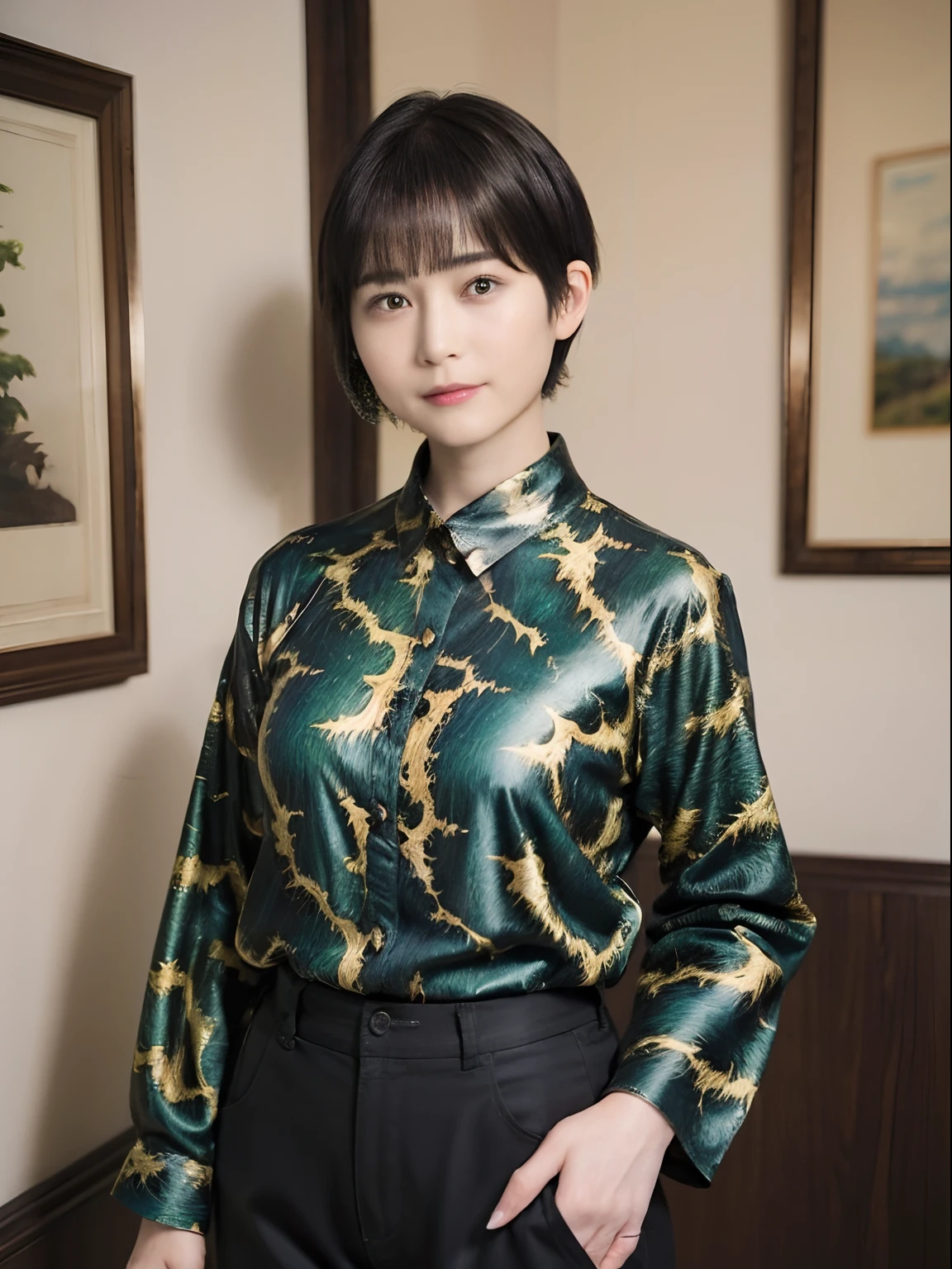 90
(a 20 yo woman,is standing), (A hyper-realistic), (masutepiece), ((short-hair:1.46)), (Smooth black hair), (Breast:1.0), wear long pants, (Wearing a dinosaur print long-sleeved shirt), (painterly、picture frame)